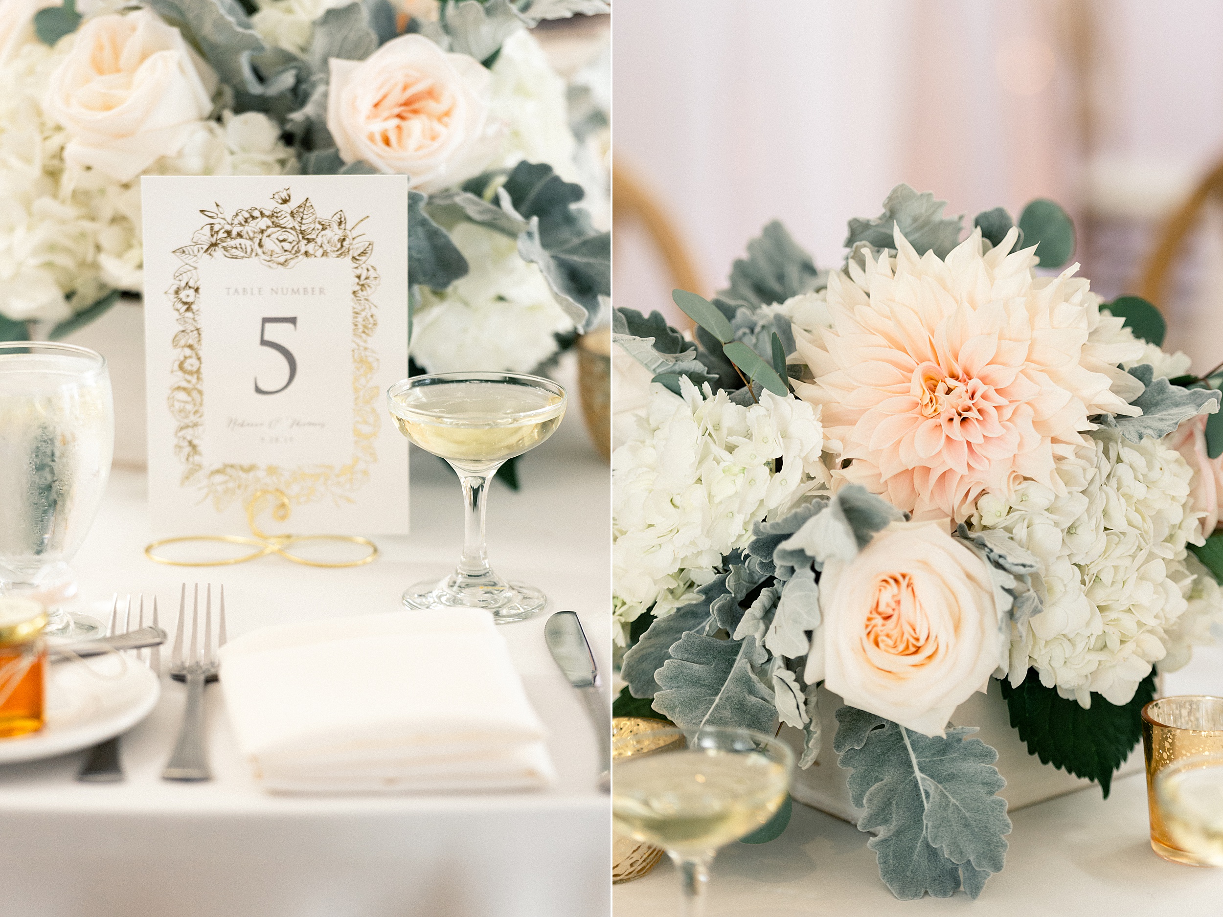 blush and peach hues in white wooden boxes and gold foil table numbers for york harbor inn wedding reception centerpieces