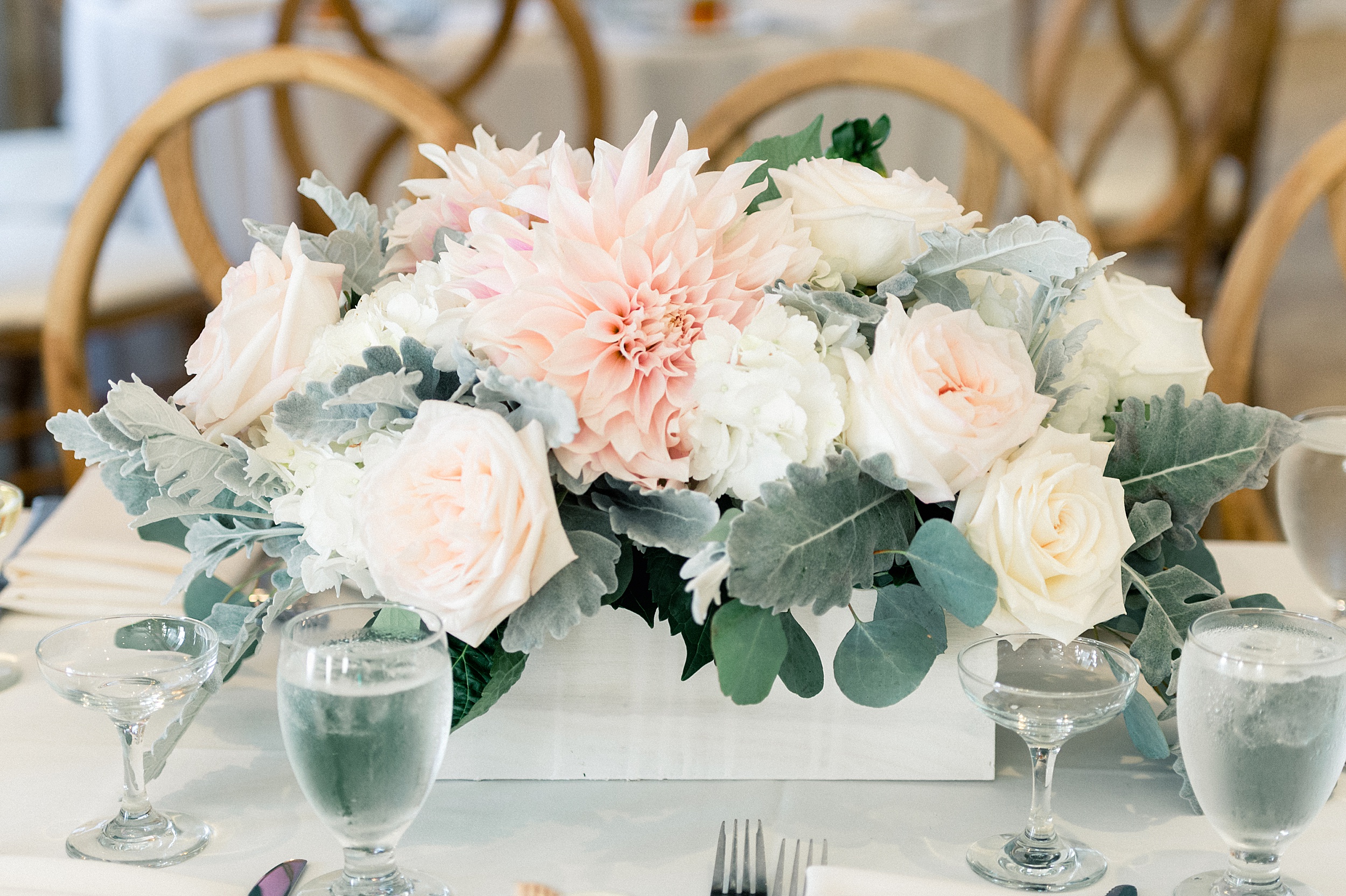 blush and peach hues in white wooden boxes for york harbor inn wedding reception centerpieces