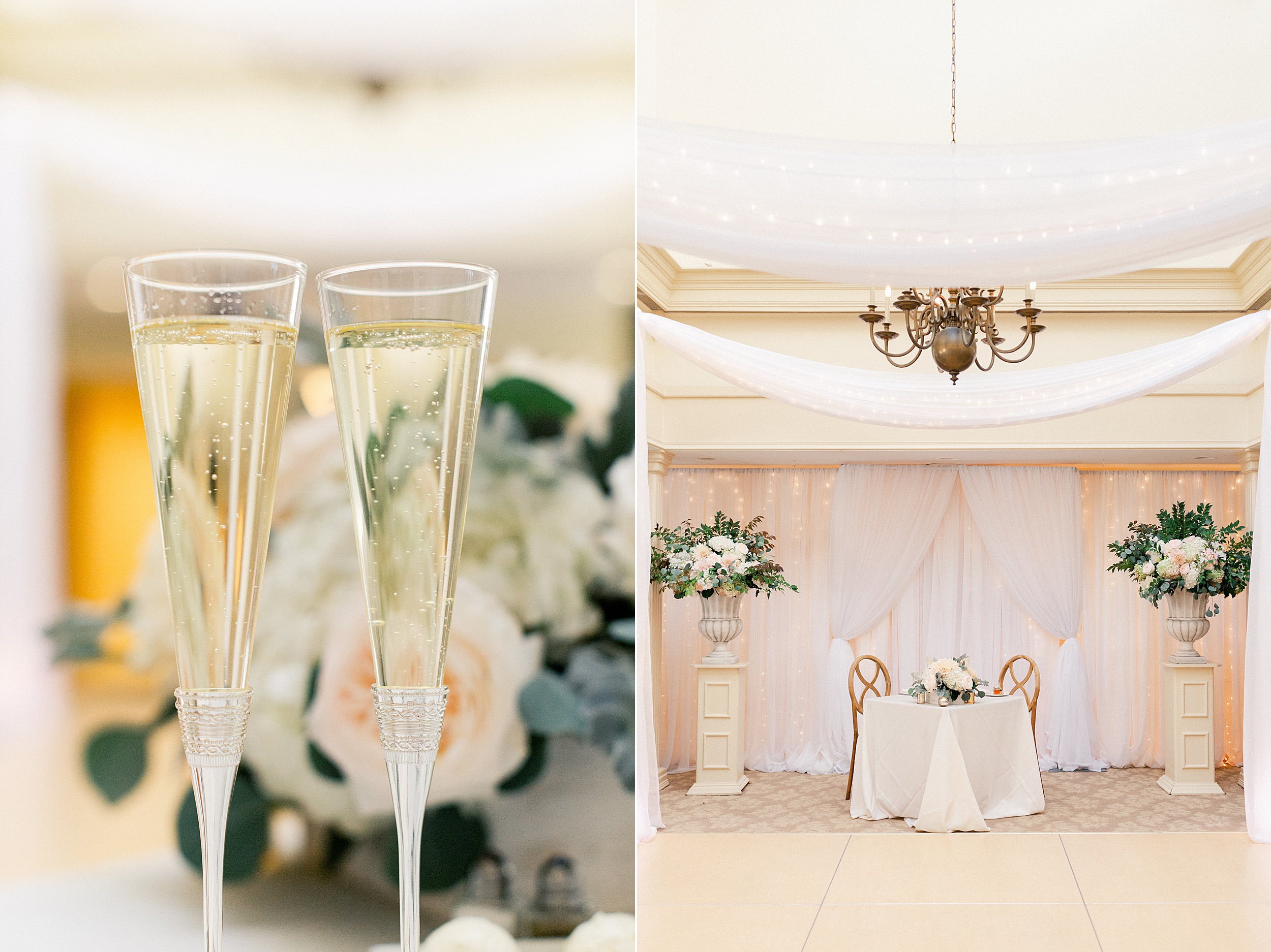 champagne flites and ballroom with lighting flowers and drapery in york harbor inn