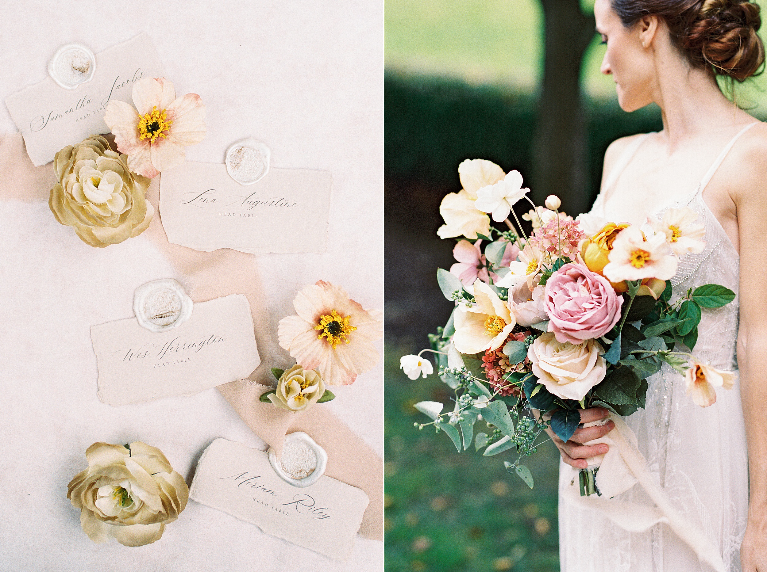 stationery with watercolor and velvet details and bridal bouquet in fall tones