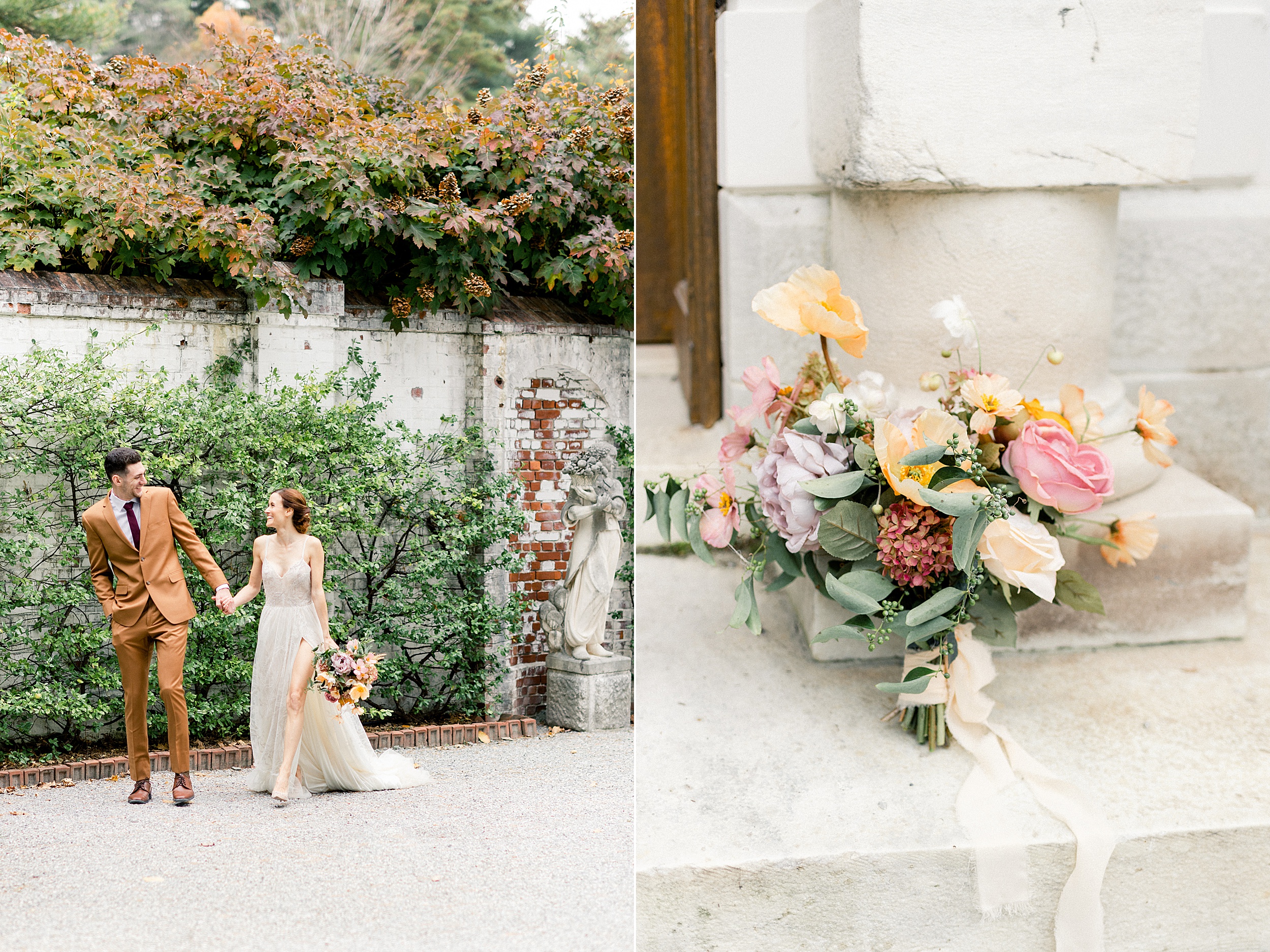 couples portrairs and bridal bouquet at The Mount wedding