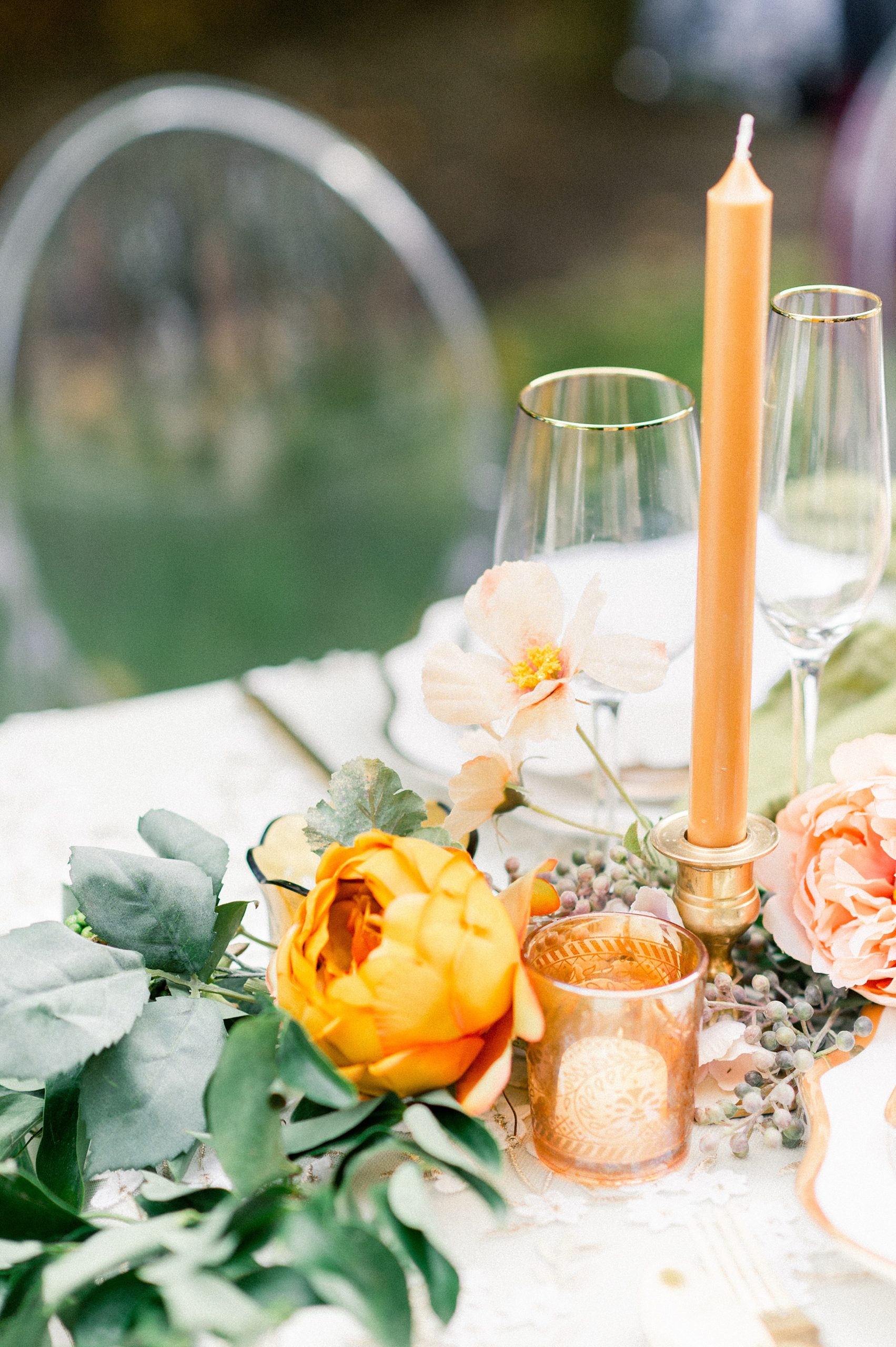 lush fall wedding inspiration in peaches and greens and pops of mustard