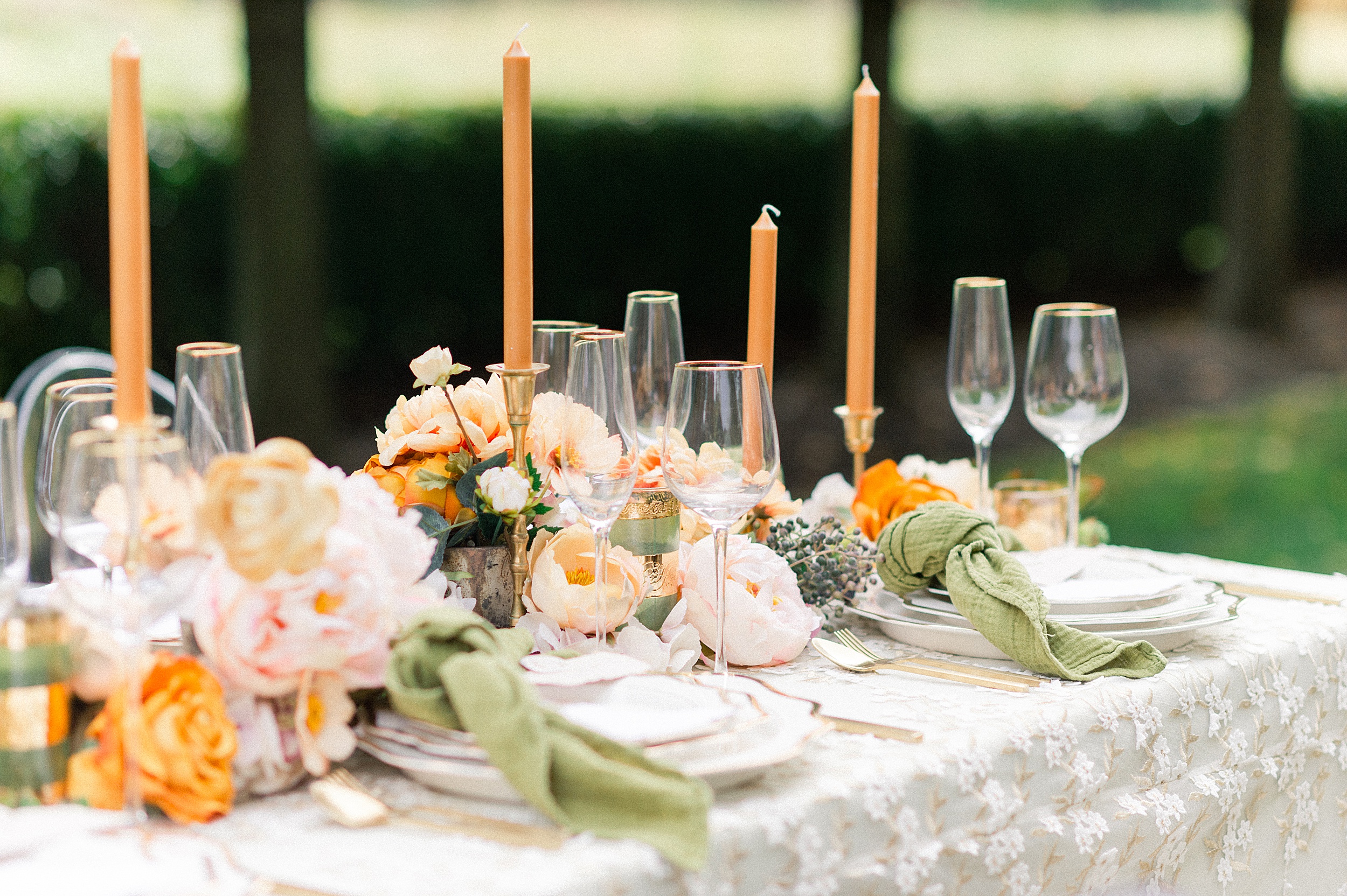 Wedding inspiration at The Mount in Lenox MA with lace overlay, and lush tablescape