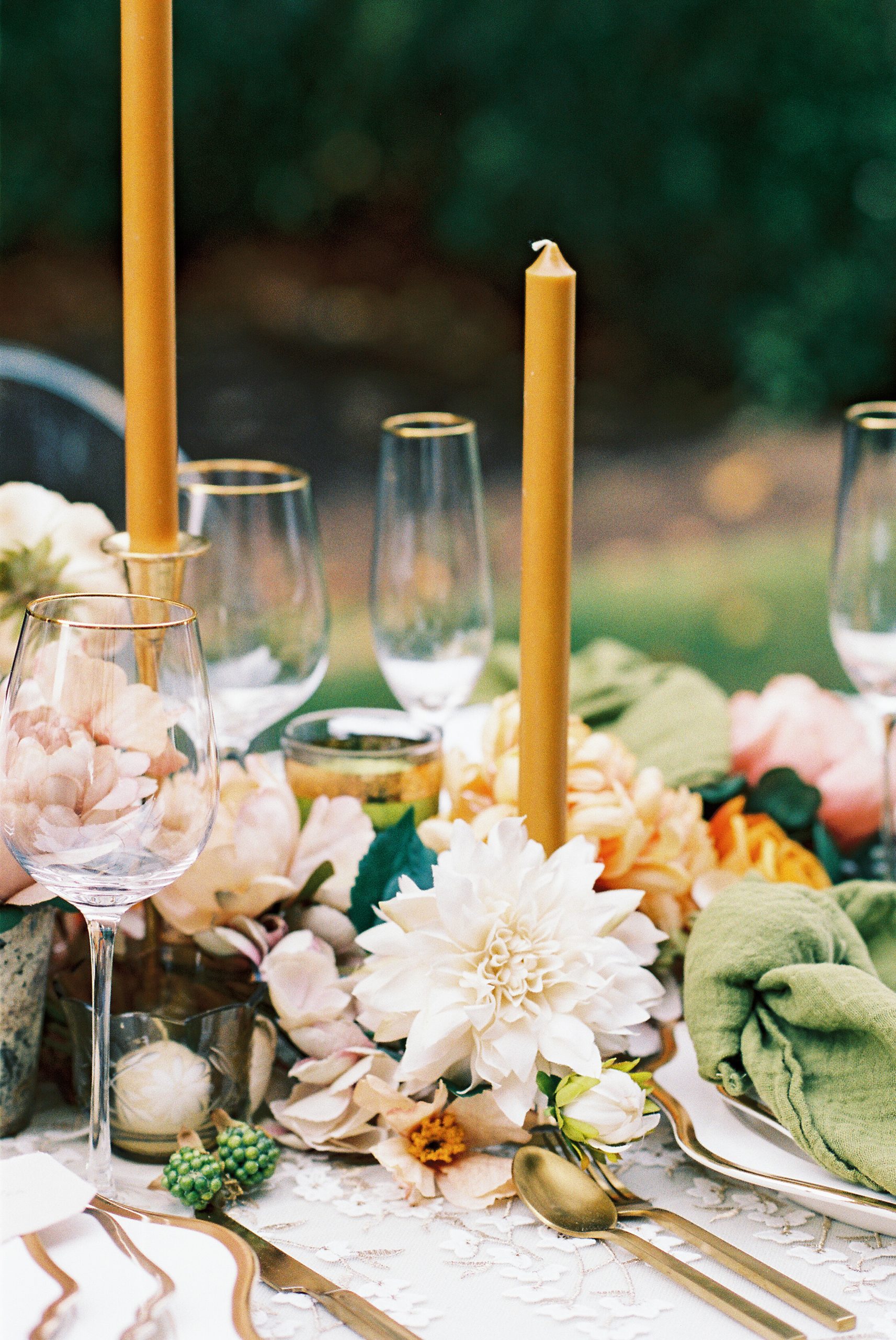 lush fall wedding inspiration in peaches and greens and pops of mustard