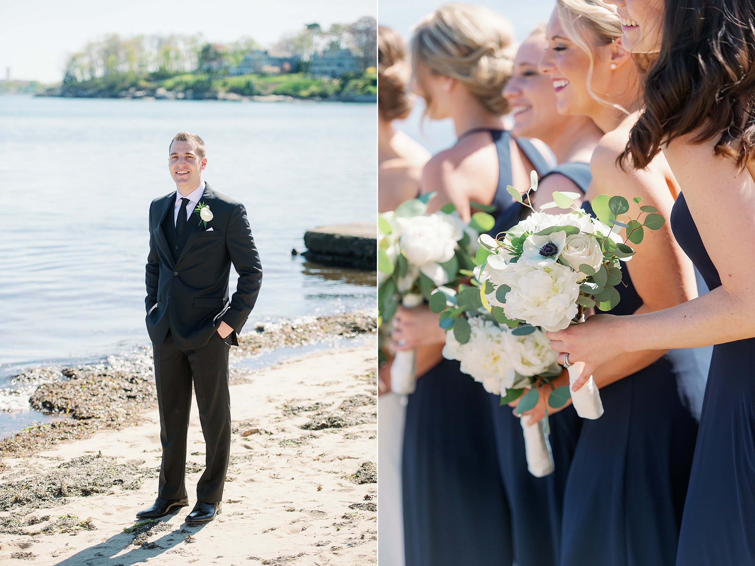 groom portrait on beach and white and greenery bouquets