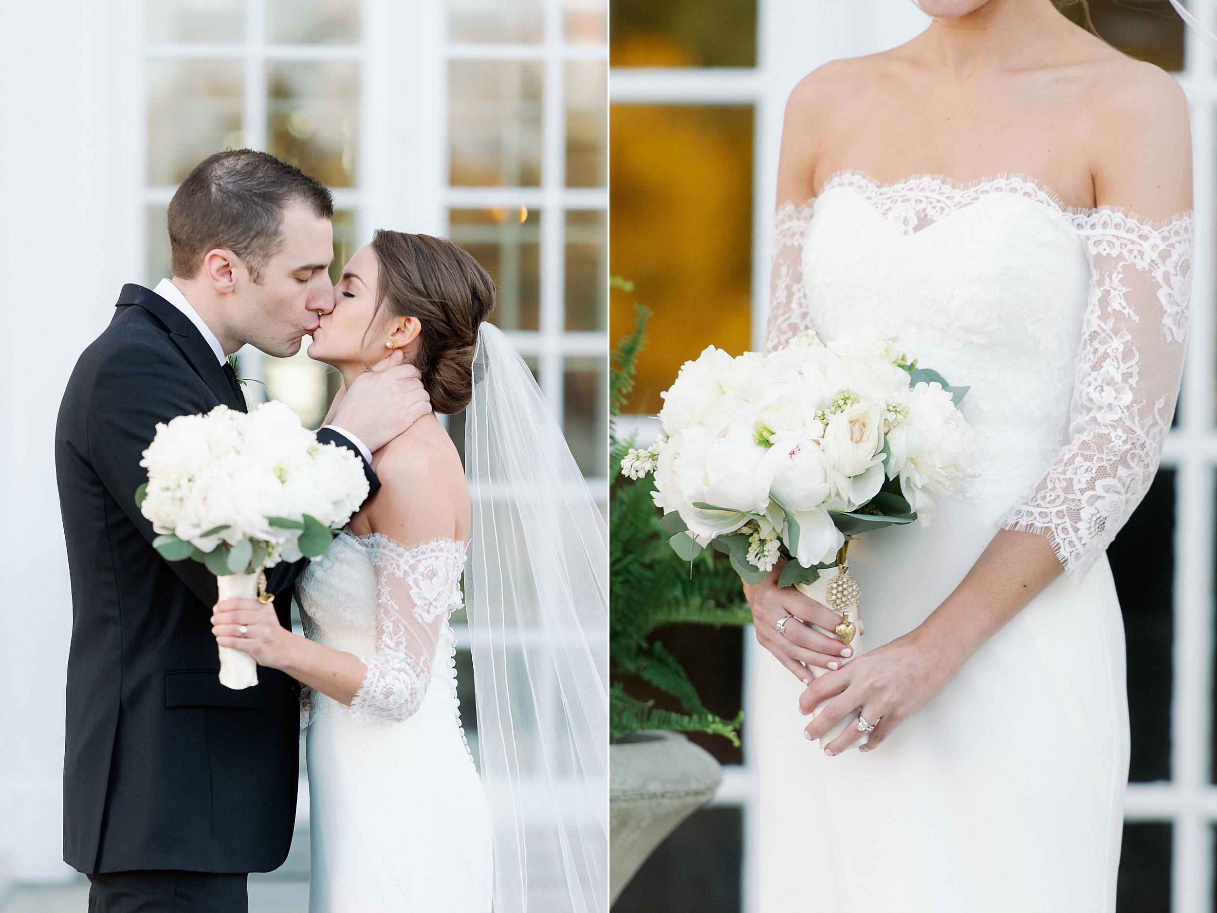 couples portrait and bridal bouquet detail in front of Tupper Manor