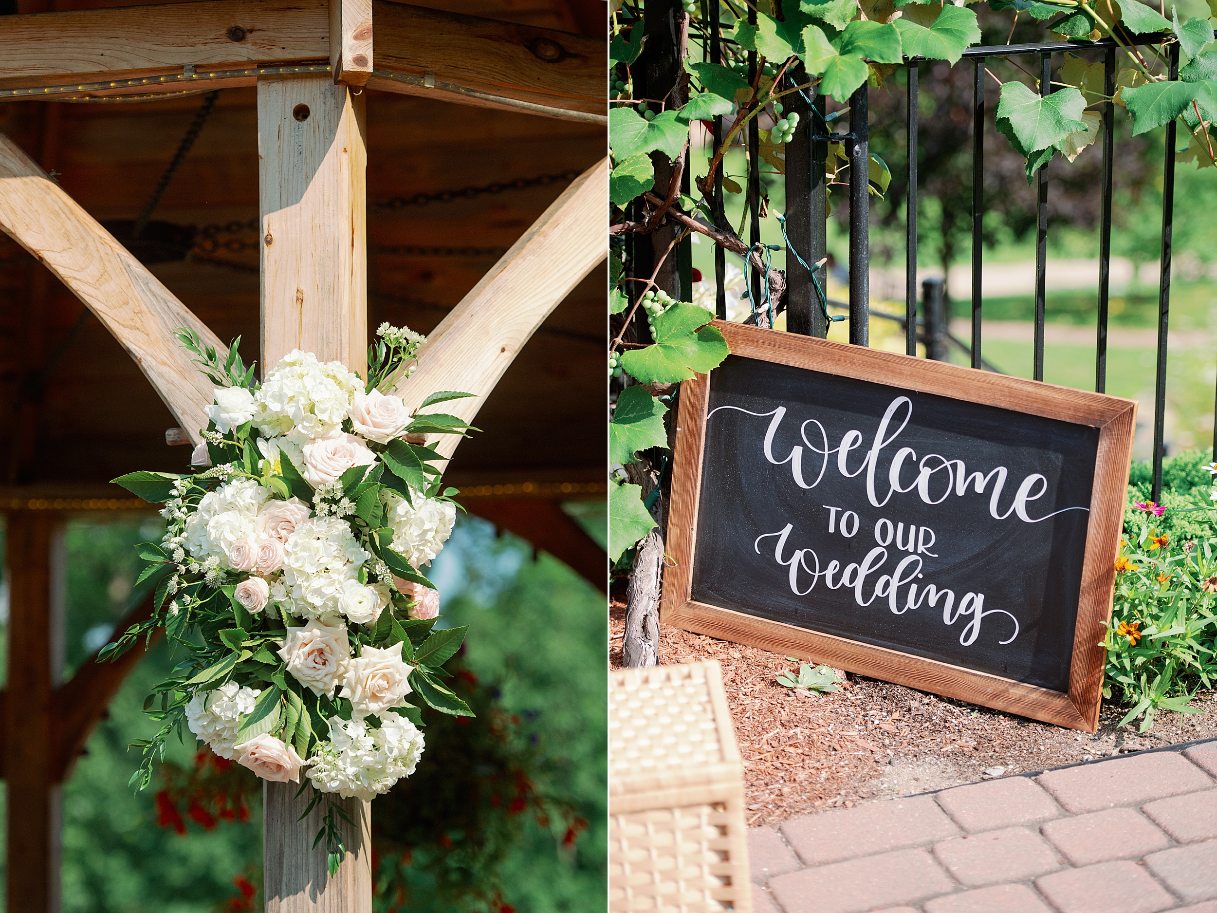 chalkboard welcome wedding sign and ceremony flowers for zorvino vineyard wedding