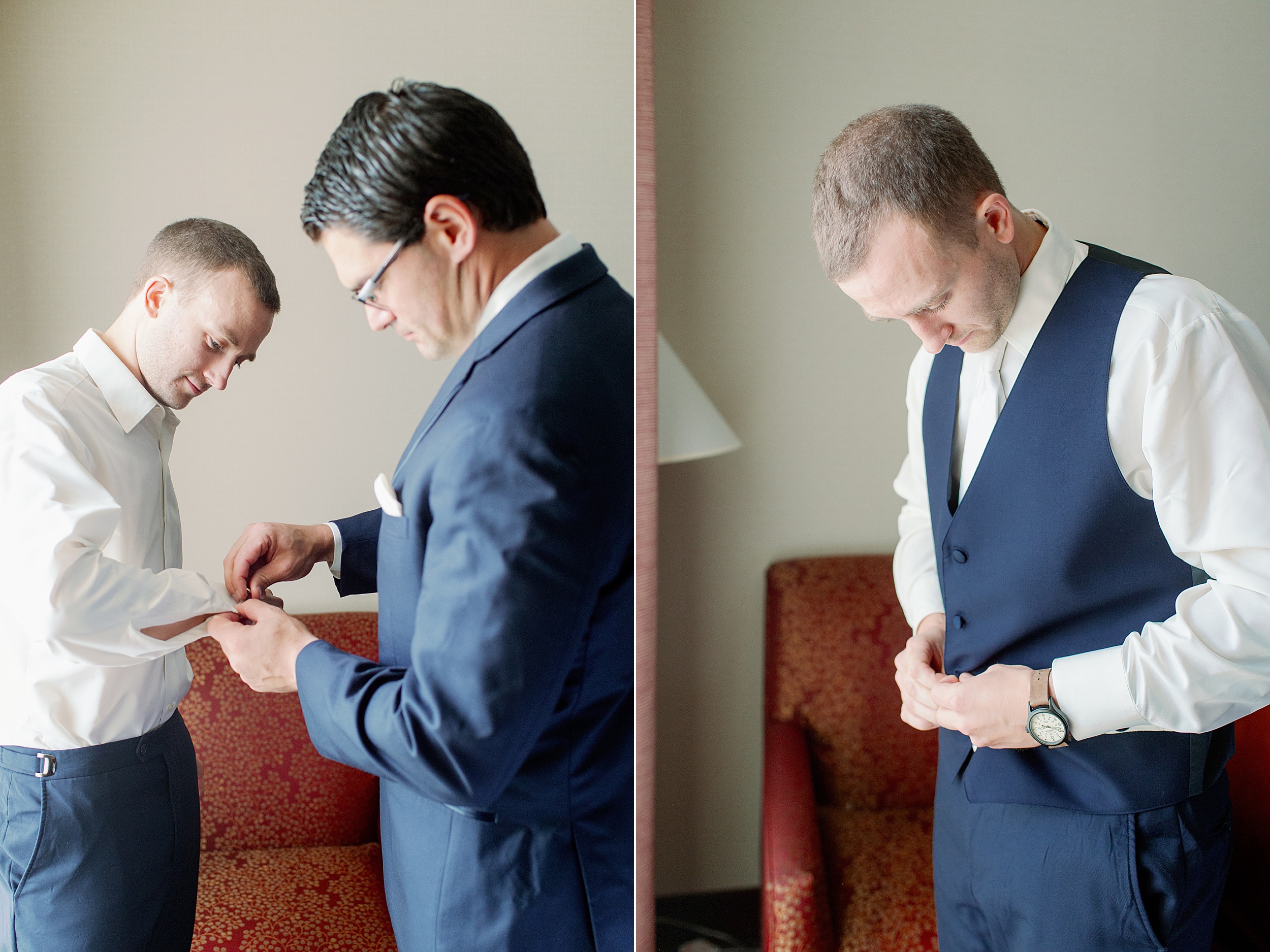 groom getting ready in three piece navy suit