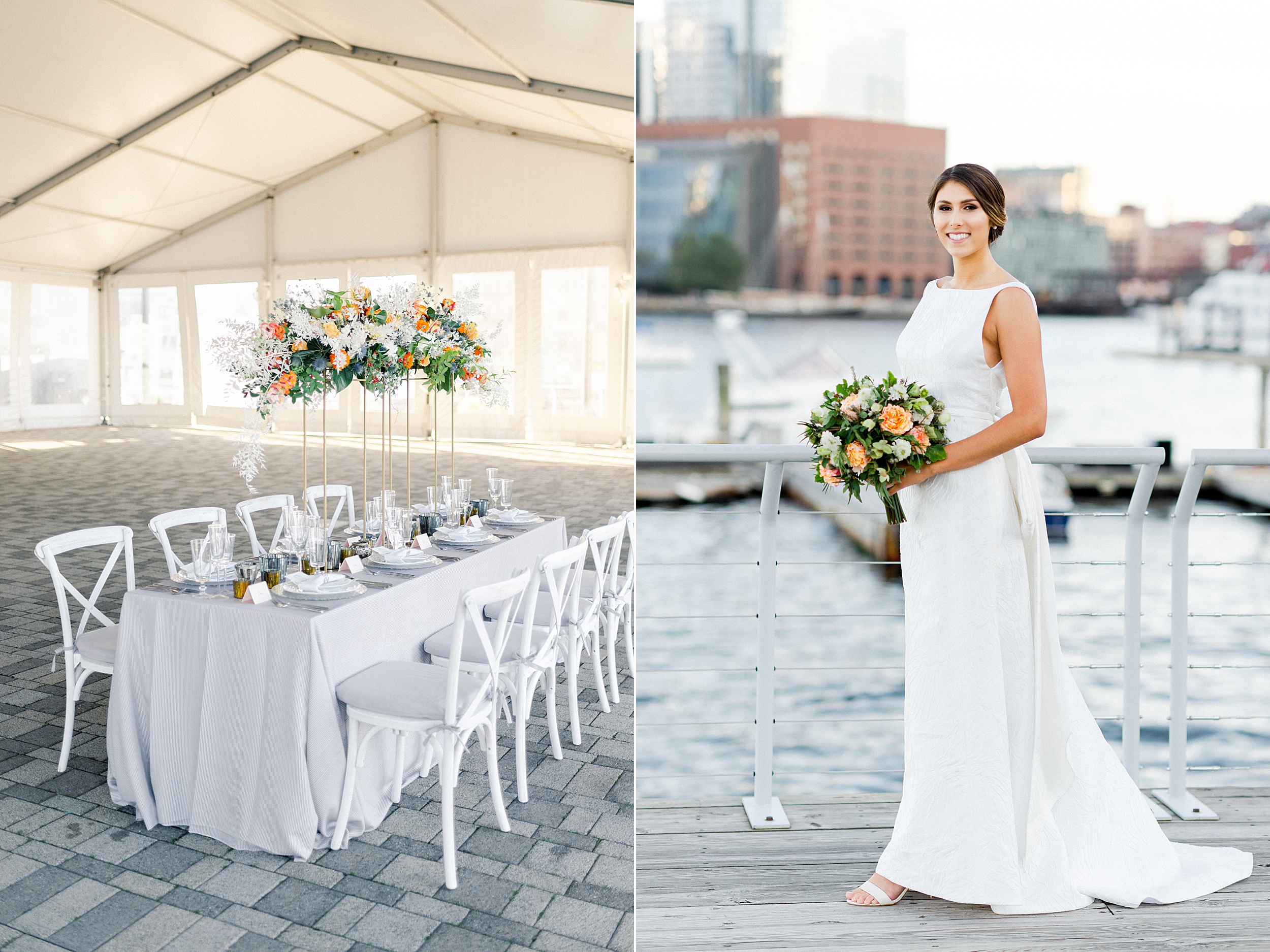 seaside wedding inspiration tablescape with pops of coral in Boston at the New England Aquarium