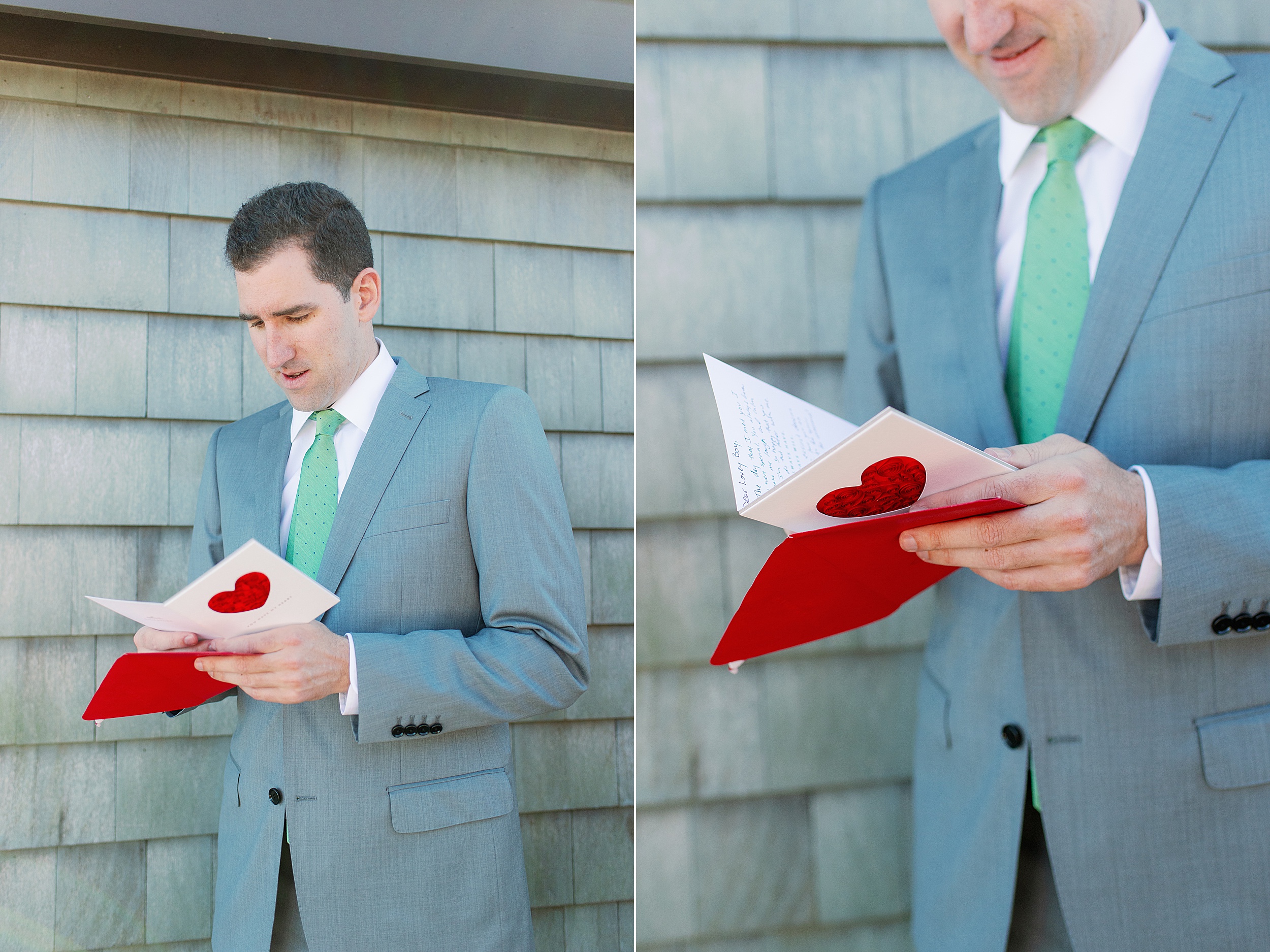 groom opens note from bride on wedding day