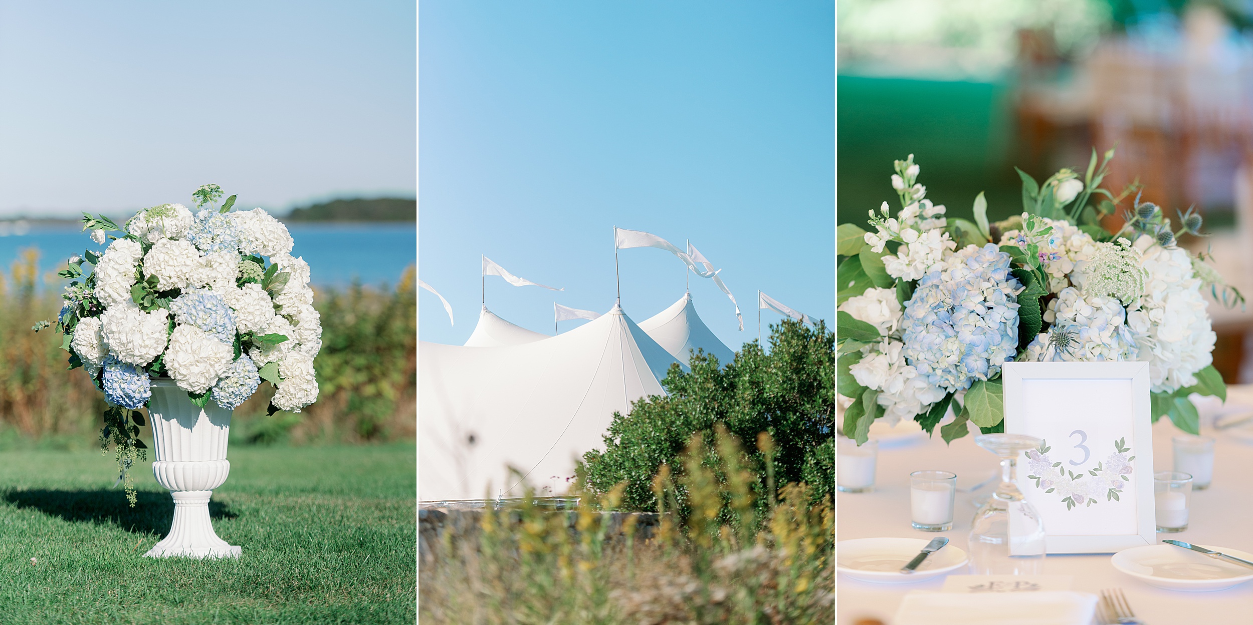 tent and hydrangea ceremony and reception flowers at weekapaug inn