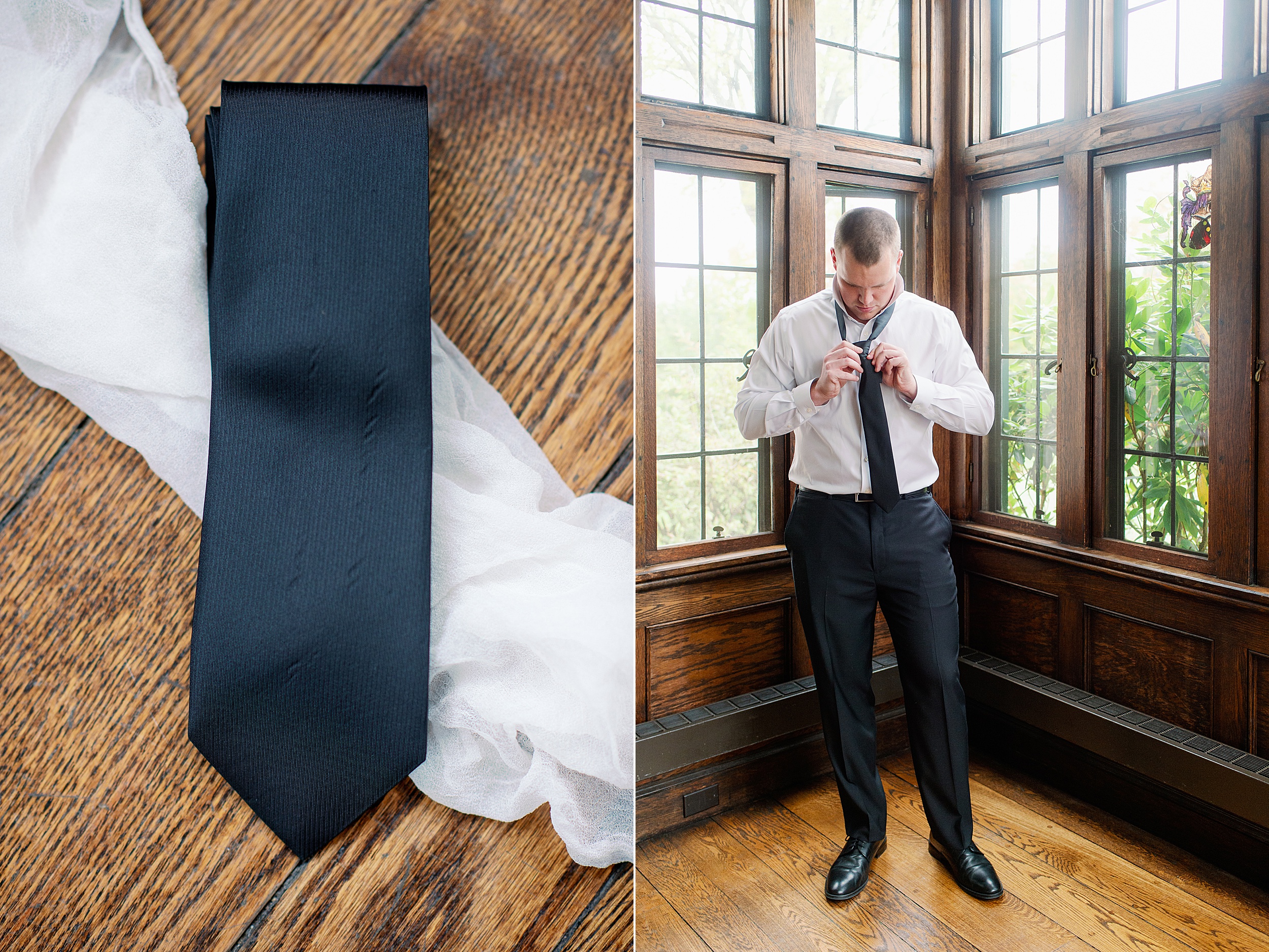 Groom ties his tie as he gets ready for his The Stone Barn Wedding in Maine