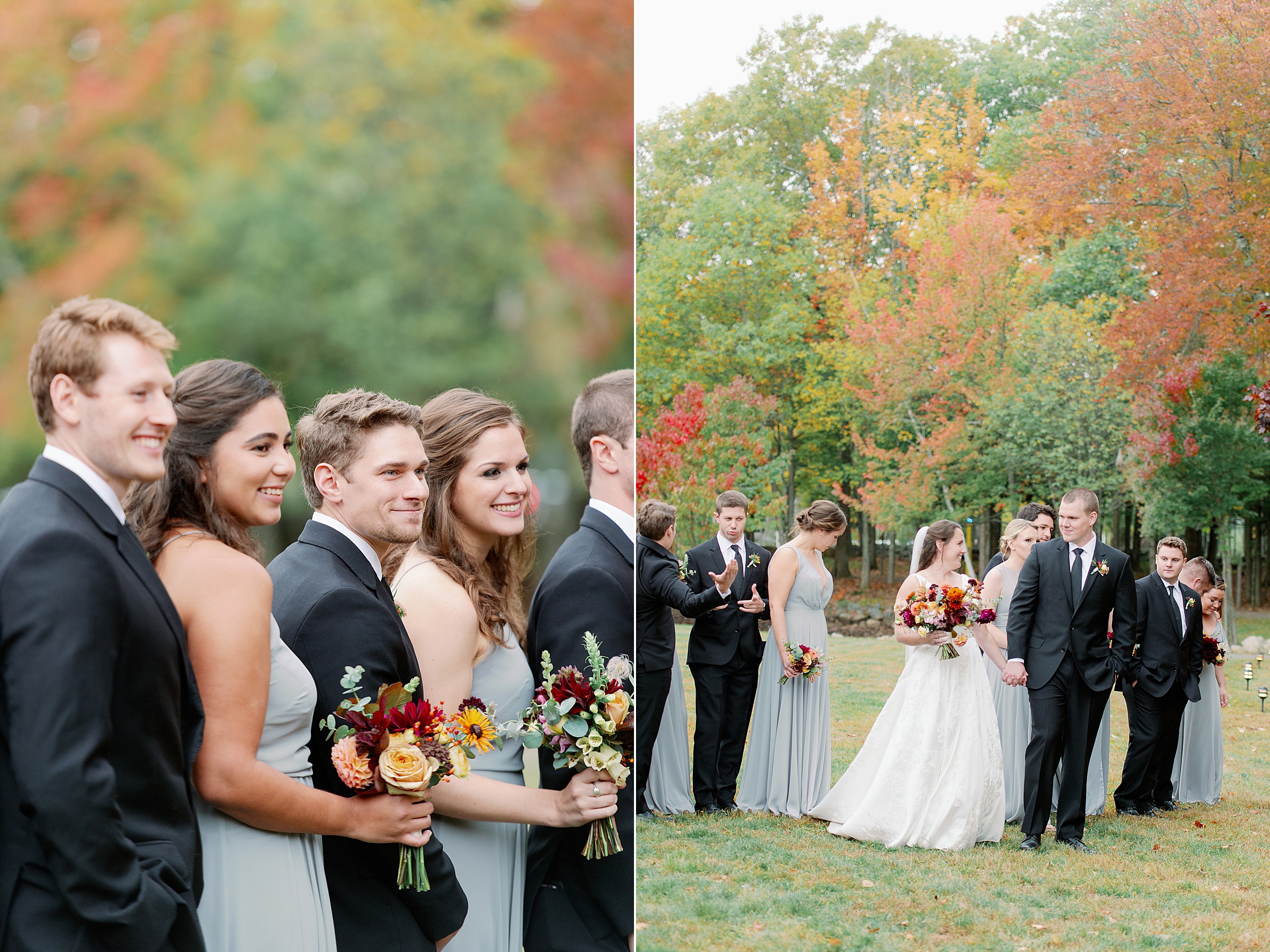 wedding party portraits in dove gray dresses and tuxes at The Stone Barn wedding in Maine