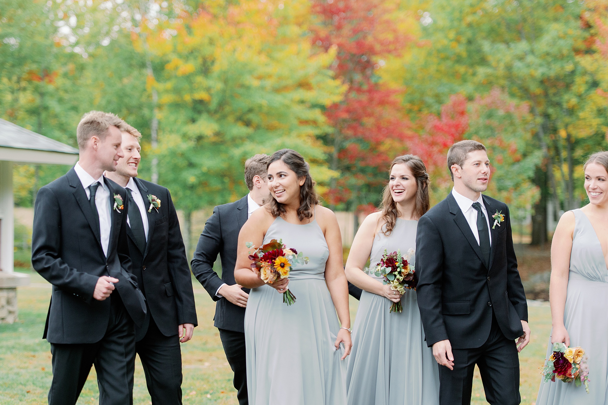wedding party portraits in dove gray dresses and tuxes at The Stone Barn wedding in Maine