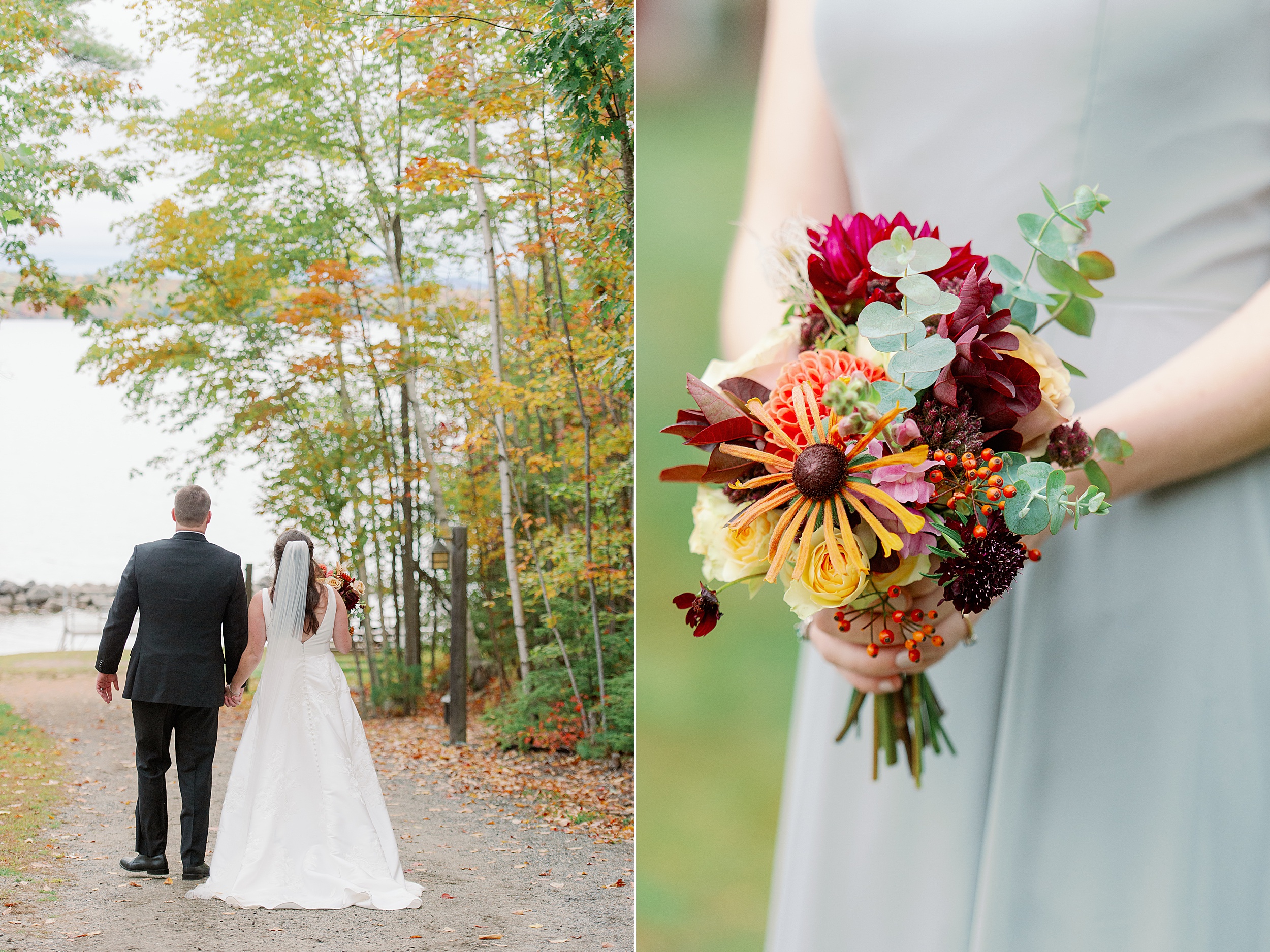 fall bridesmaid bouquet with reds and oranges and couples portraits