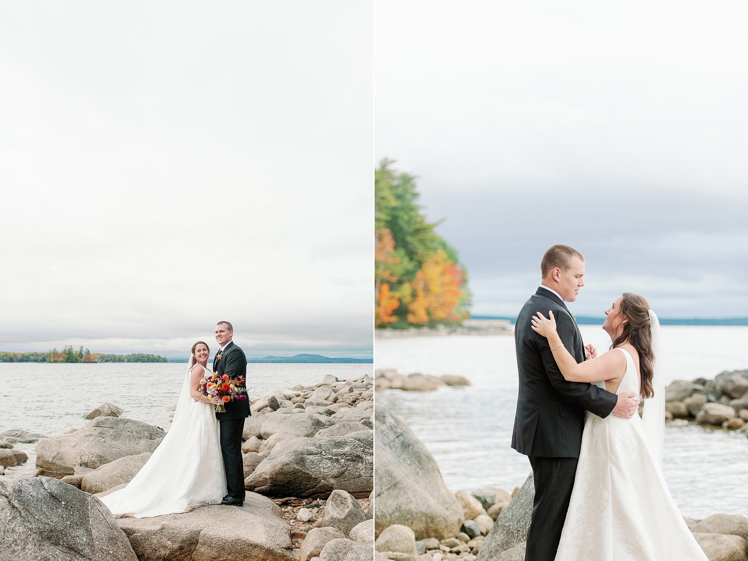 couples portraits on the rocks at Sebago Lake in Maine
