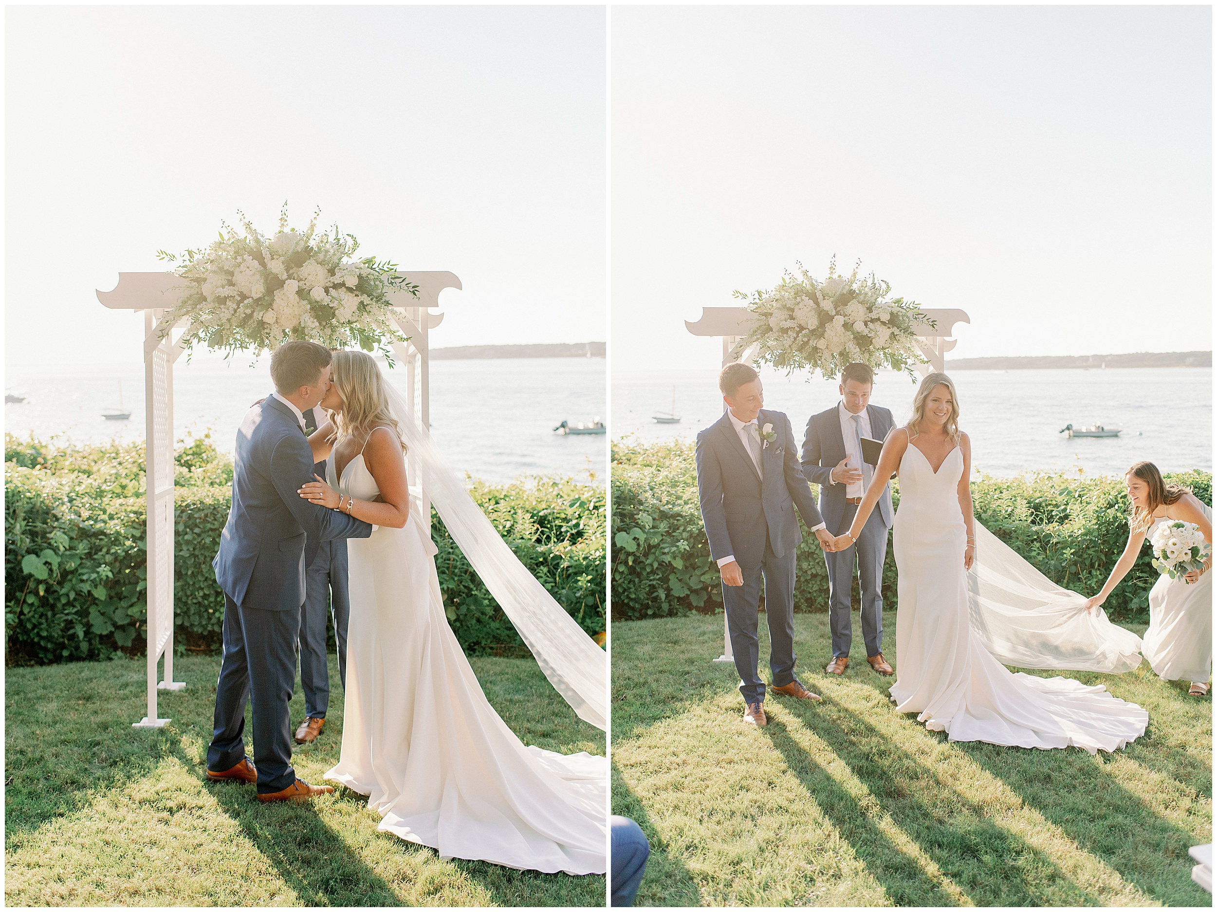cape cod micro wedding ceremony couples first kiss
