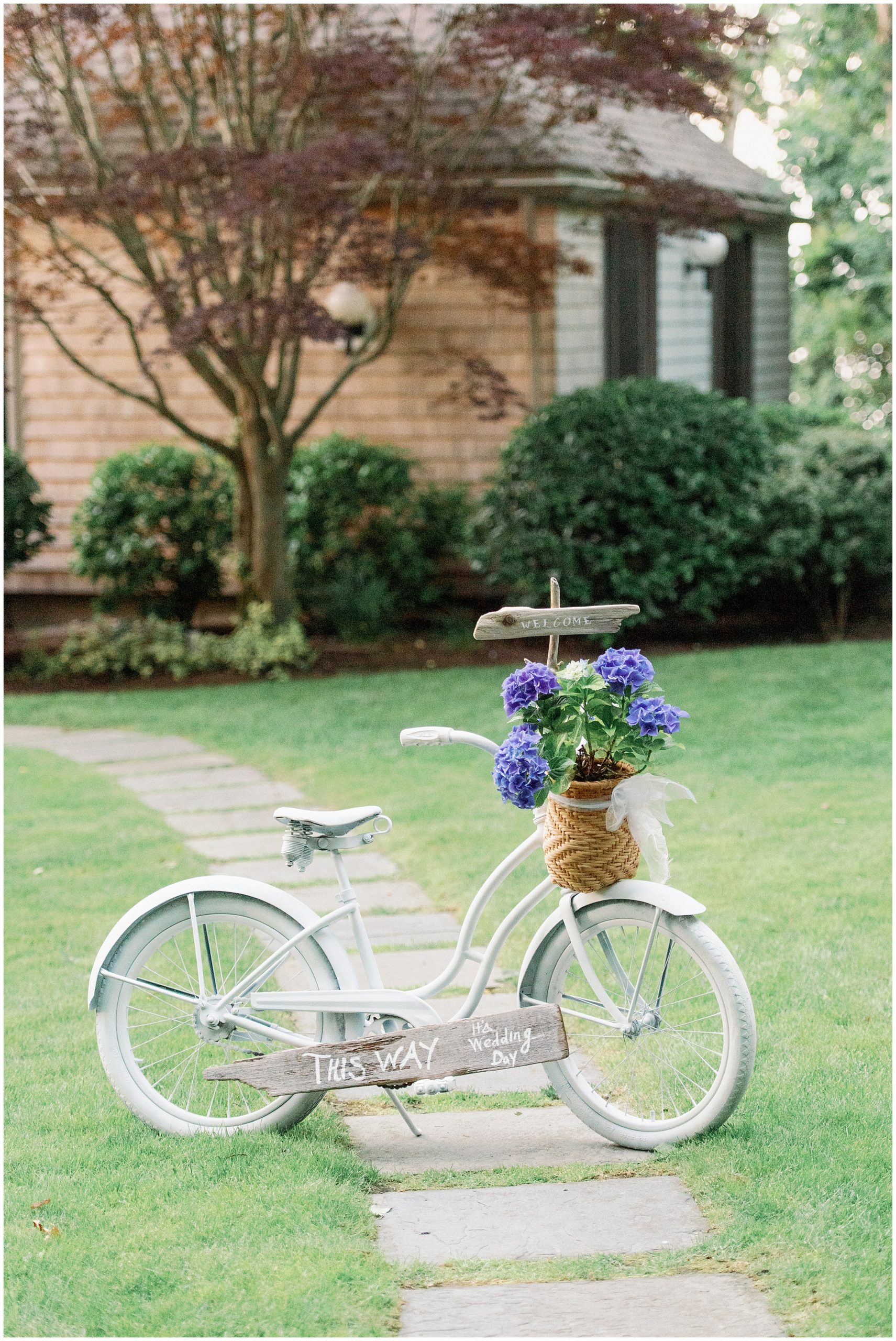 wedding decor white bicycle with flowers