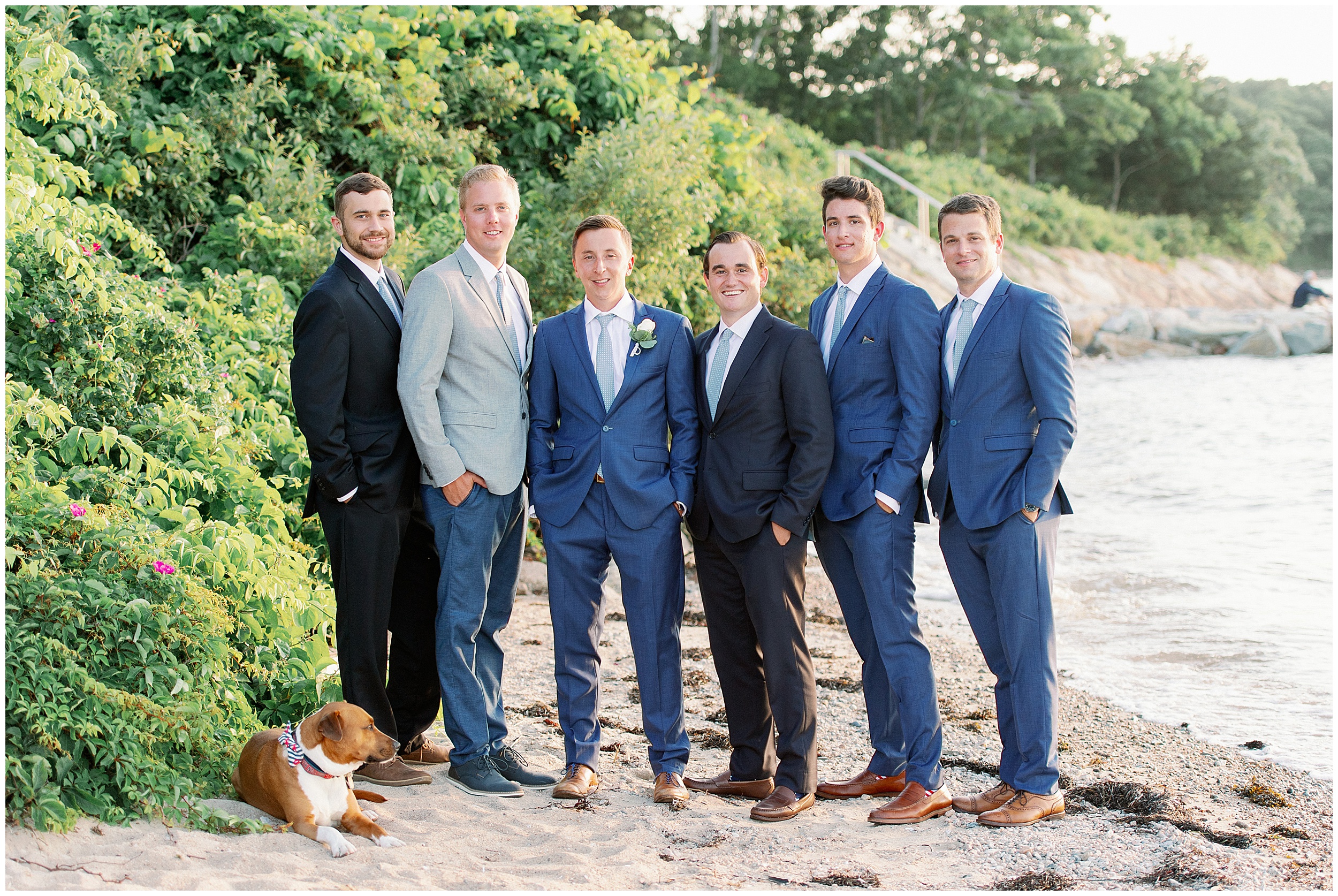 groom and groomsmen portraits on the water for cape cod micro wedding