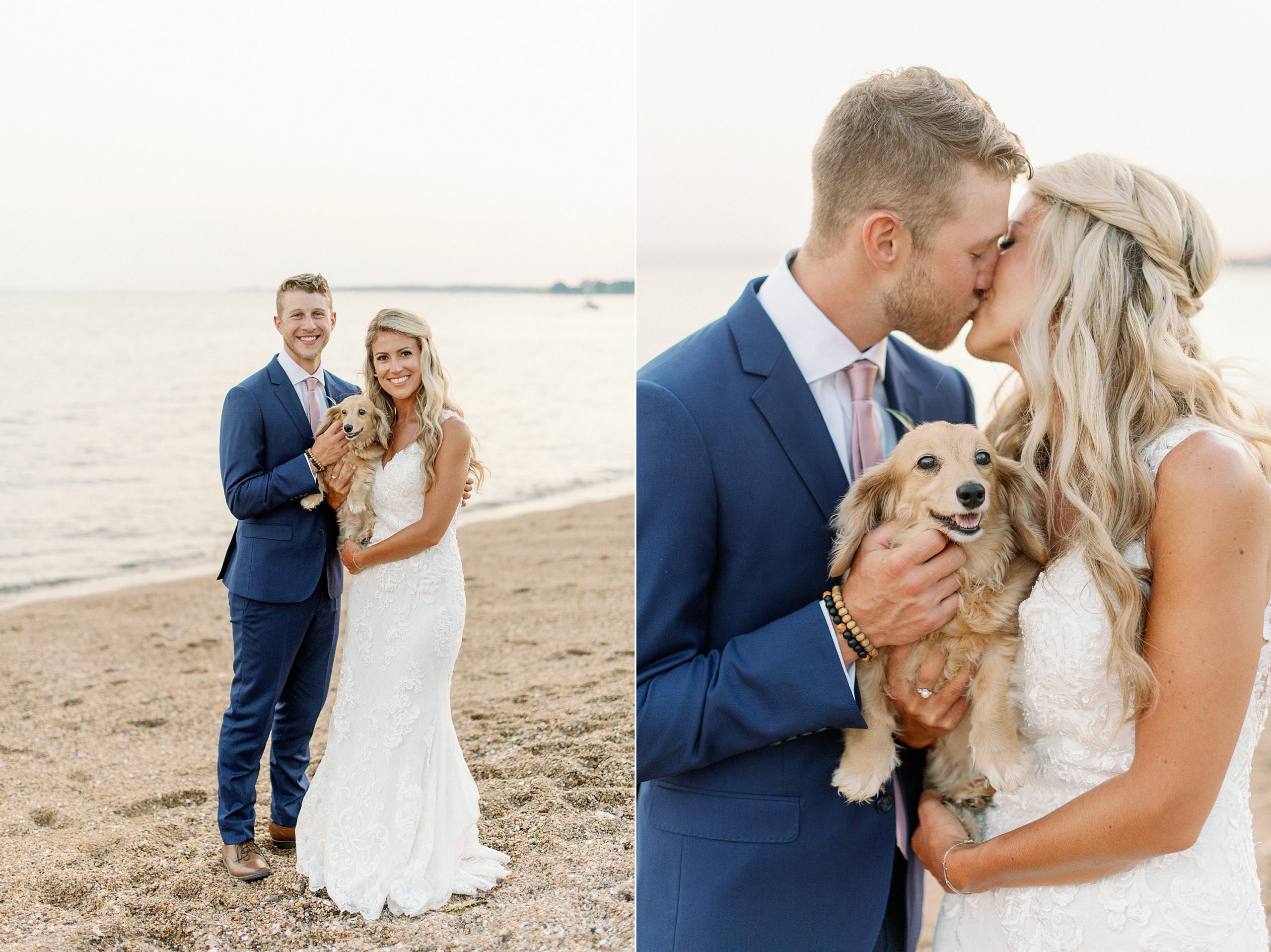 bride and groom with dog at sunset