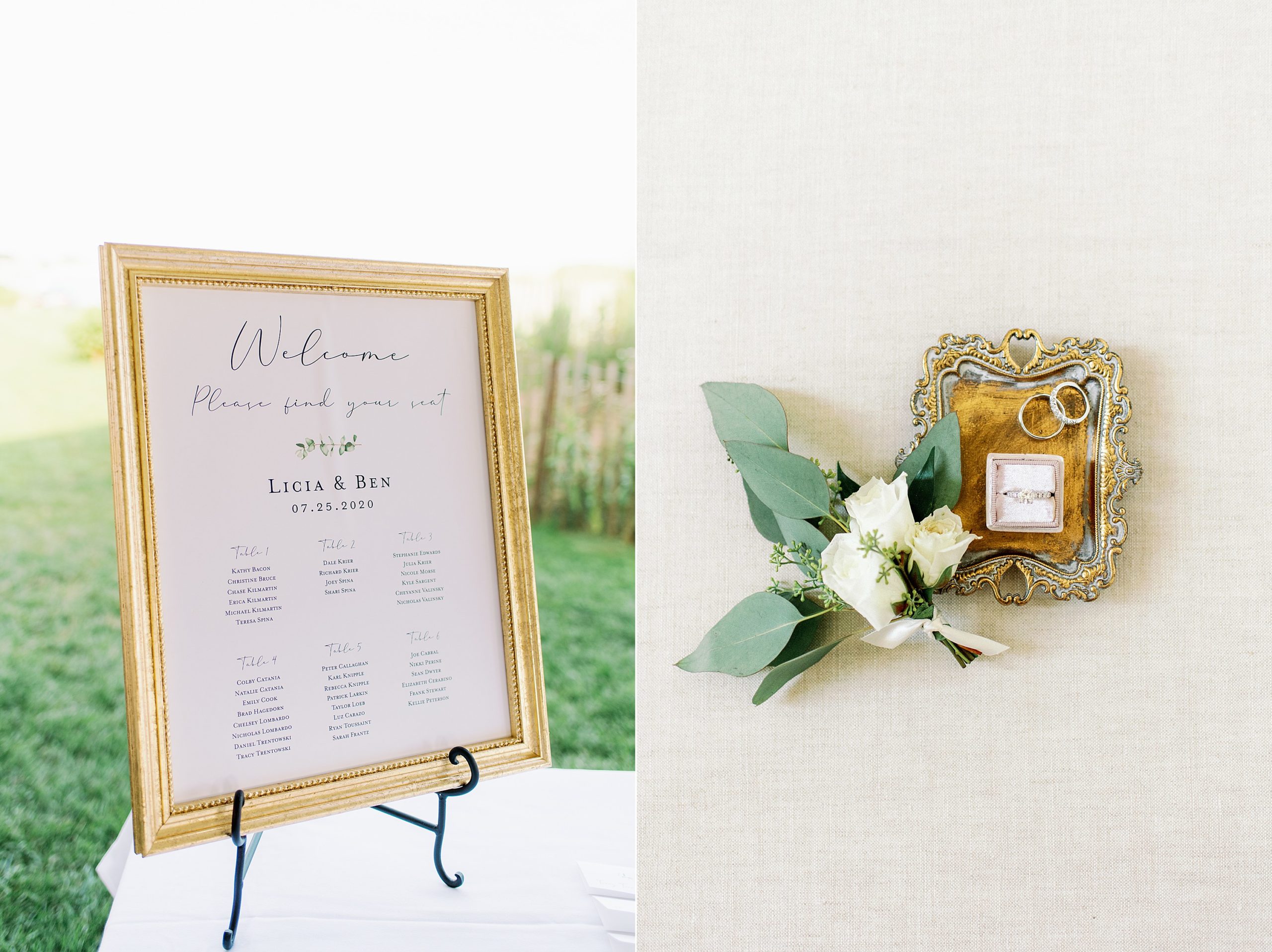 gold framed seating chart for beach micro wedding