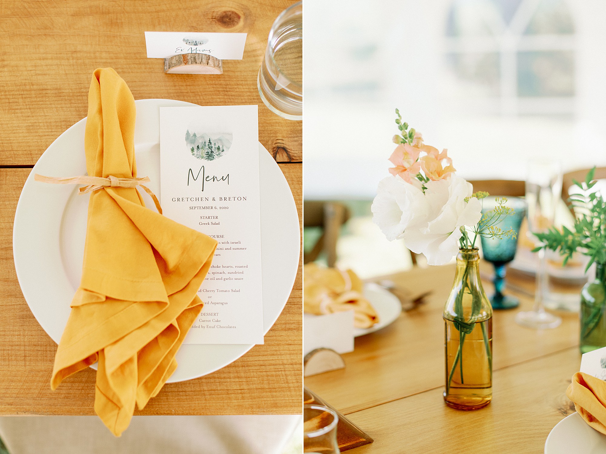 details at The Bark Eater Inn wedding reception menu and fall decor