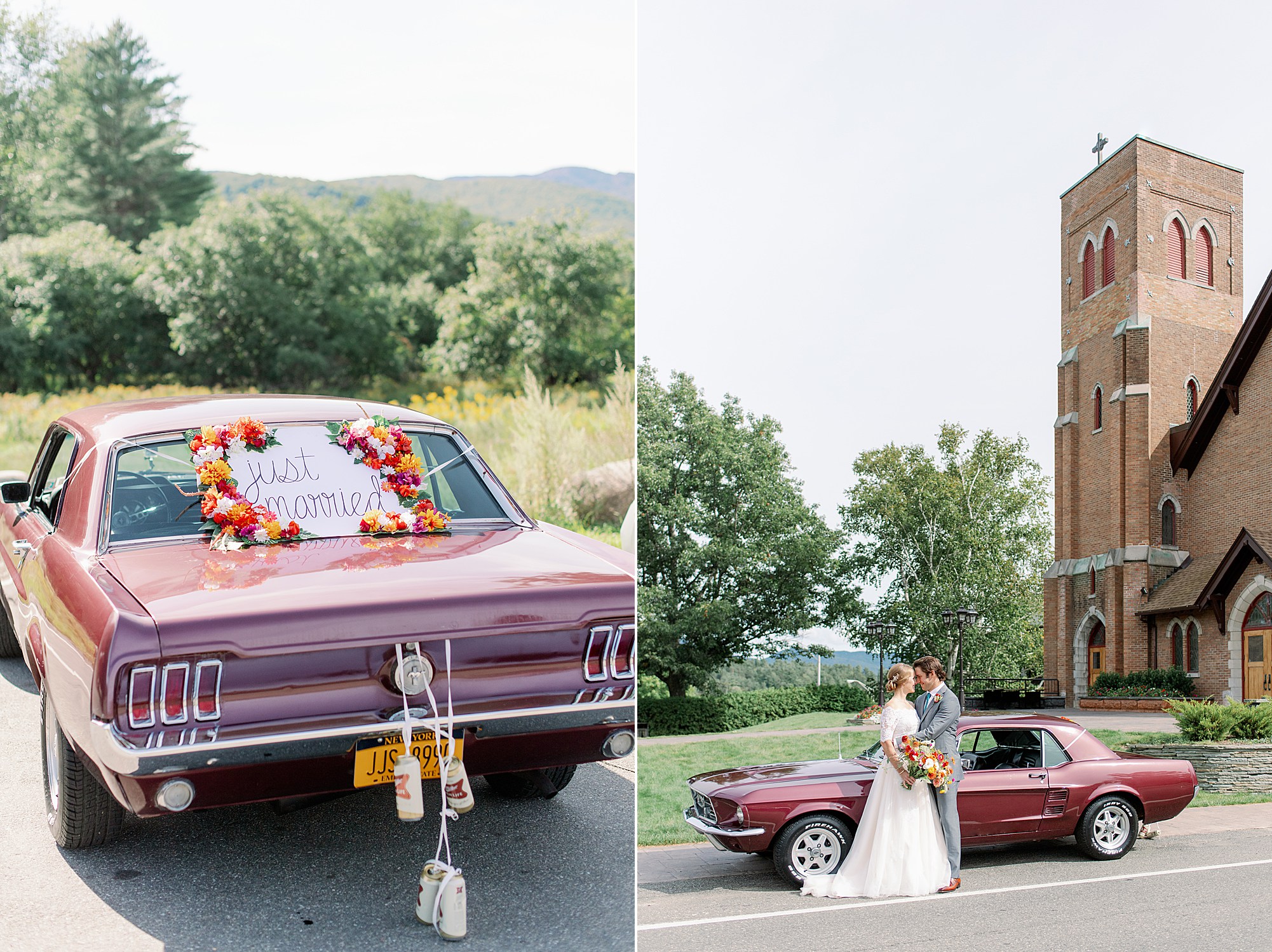 newlyweds in front of vintage getaway car after Lake Placid wedding ceremony