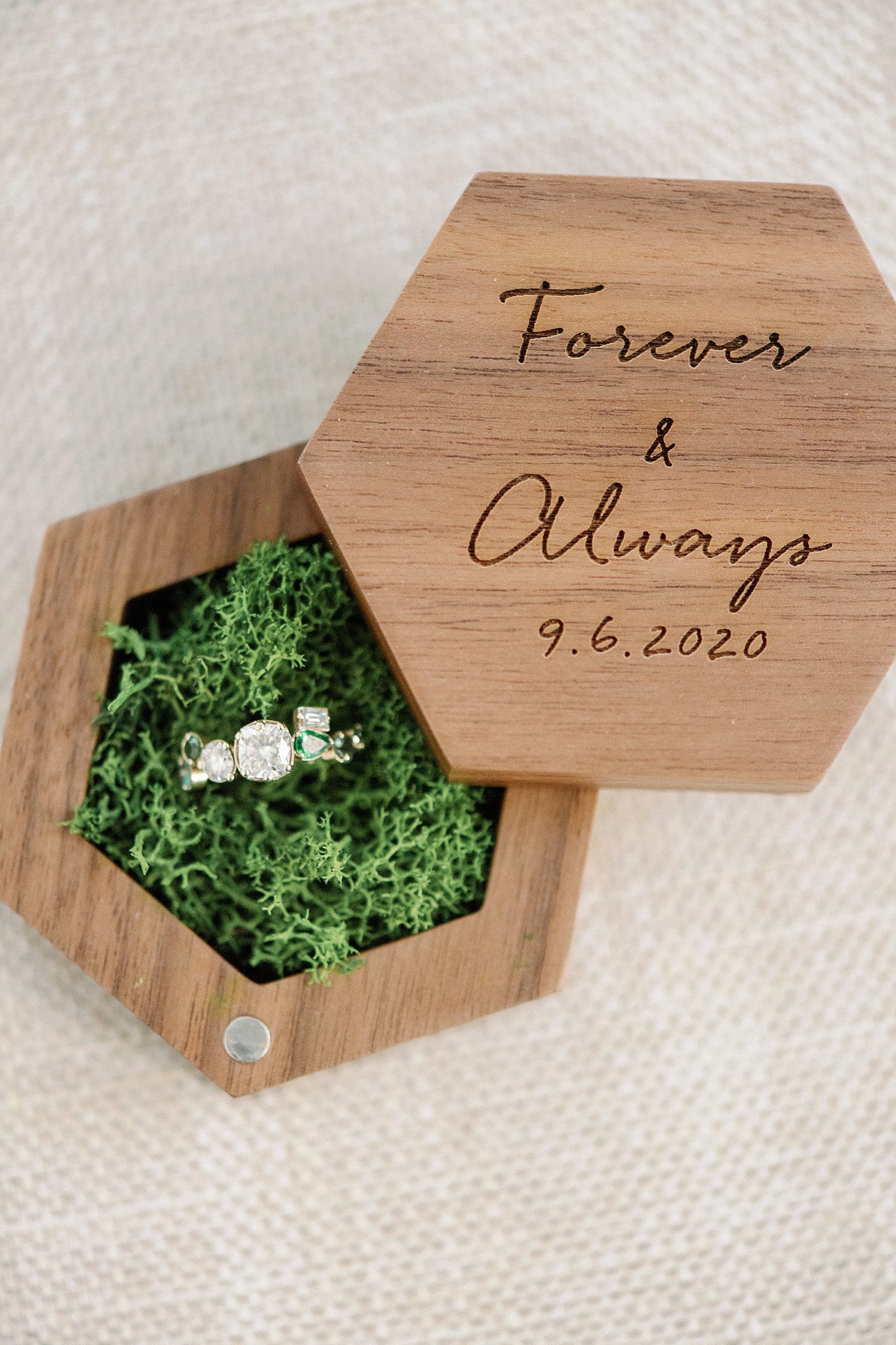 Lake placid wedding engagement ring in wooden ring box with engraving