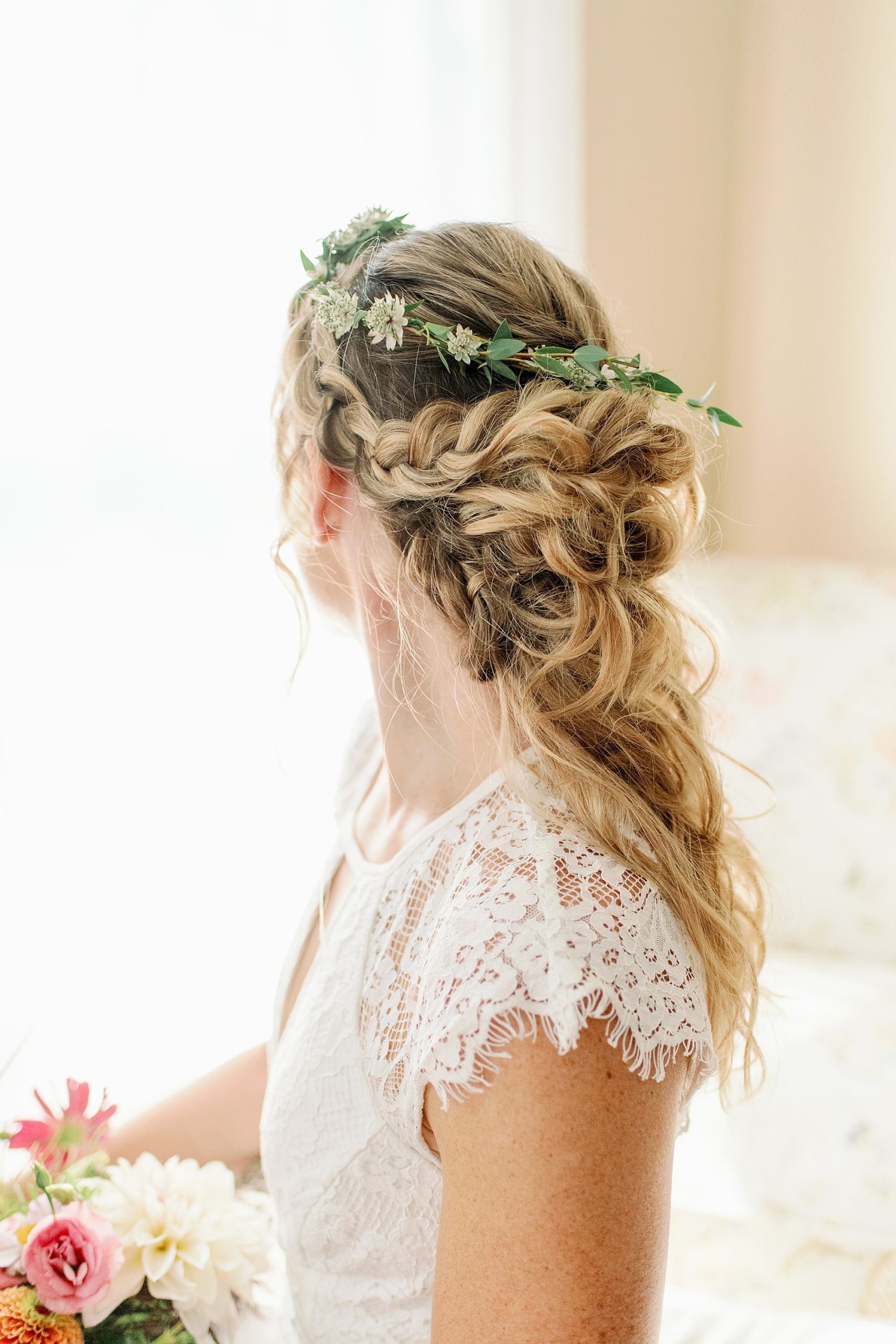 bridal hairstlyle boho with braid and flower crown