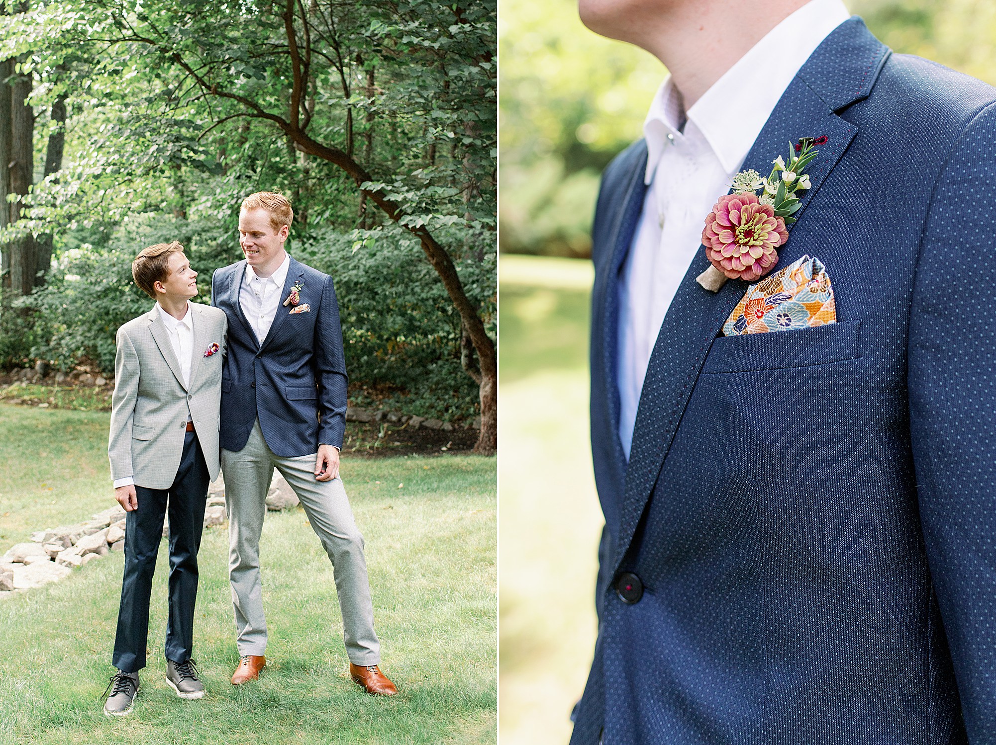 groom and son in blue suit jacket for backyard micro wedding