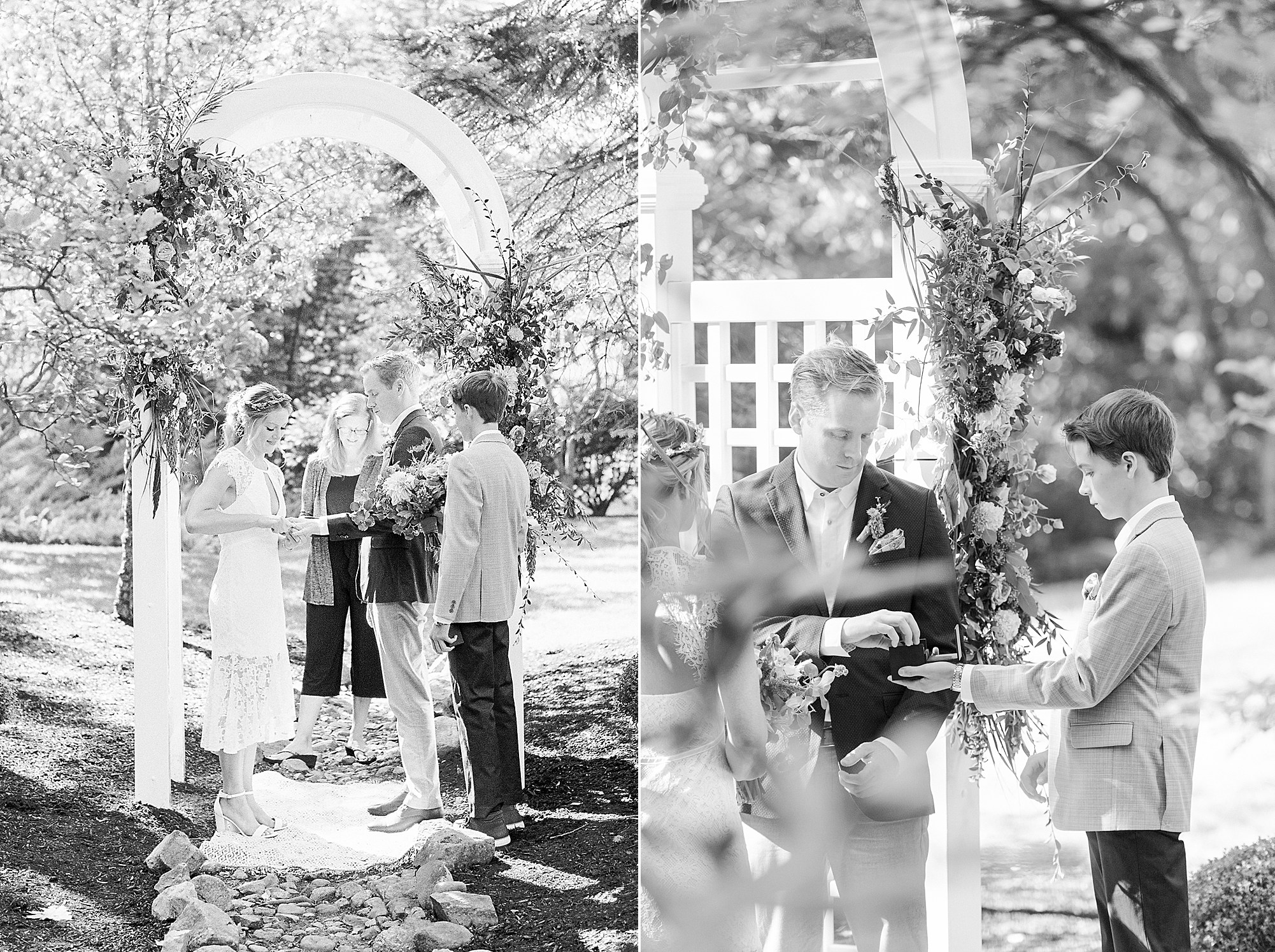 exchanging rings at micro wedding in MA - black and white photo