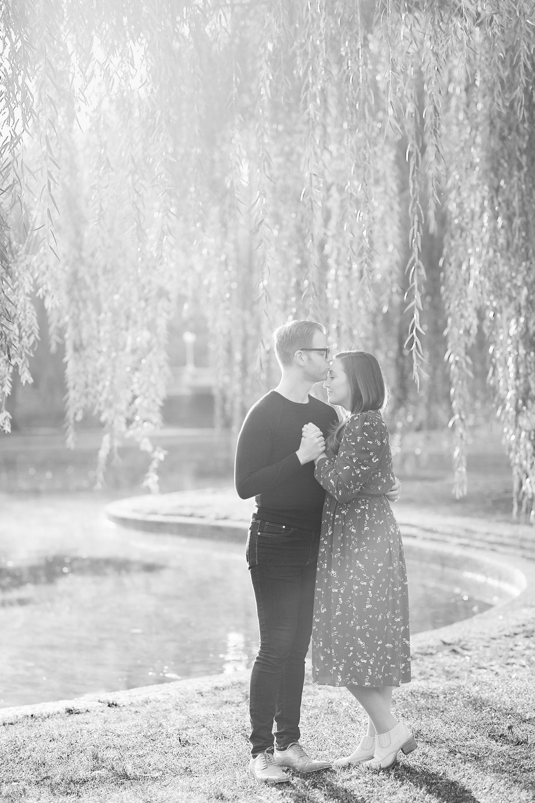 Boston Public Garden engagement session at sunrise Fall in New England black and white