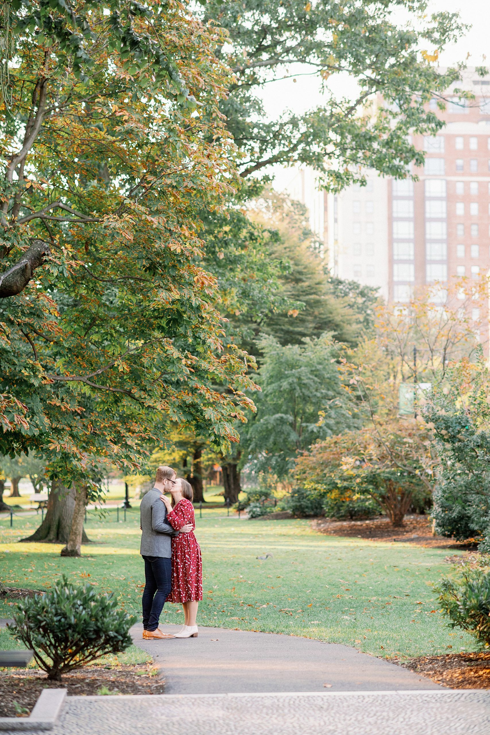 Boston Public Garden engagement session on film at sunrise Fall in New England