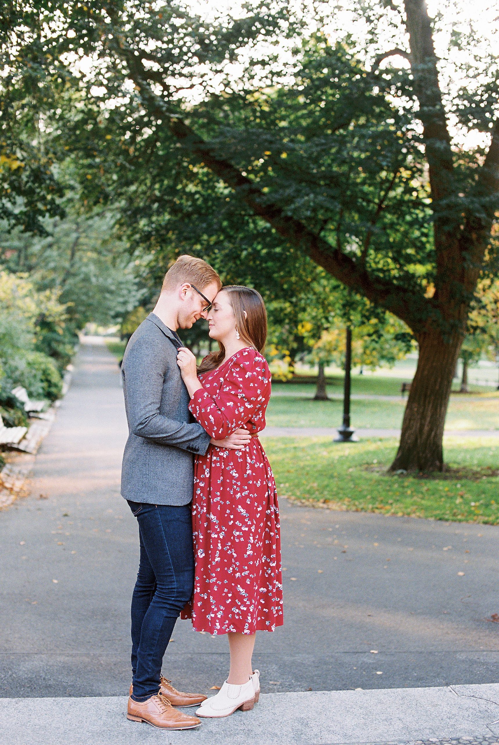 Boston Public Garden engagement session on film at sunrise Fall in New England