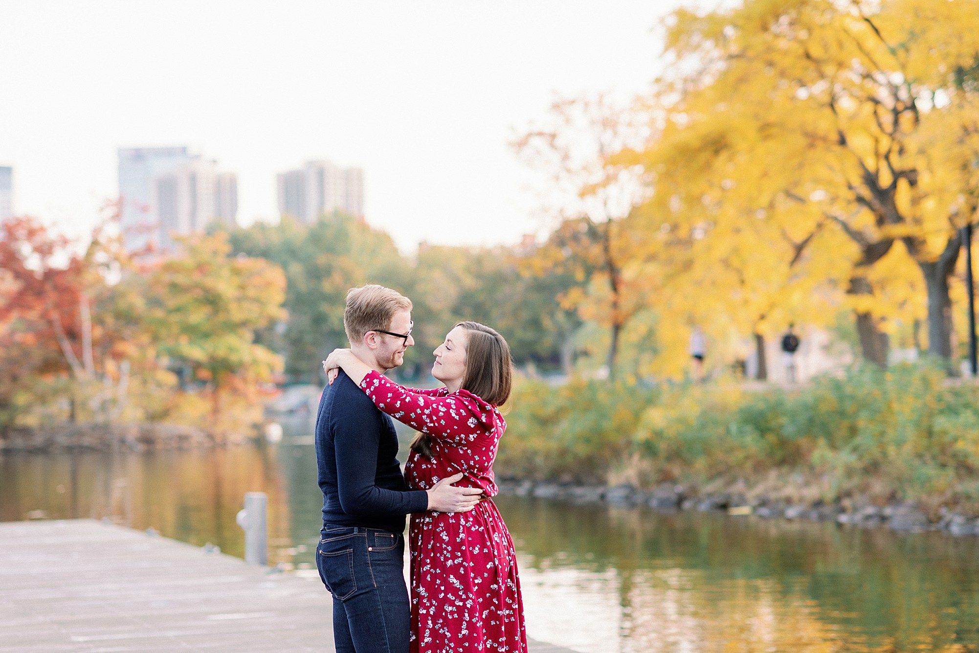 Charles River Esplanade engagement session at sunrise Fall in New England