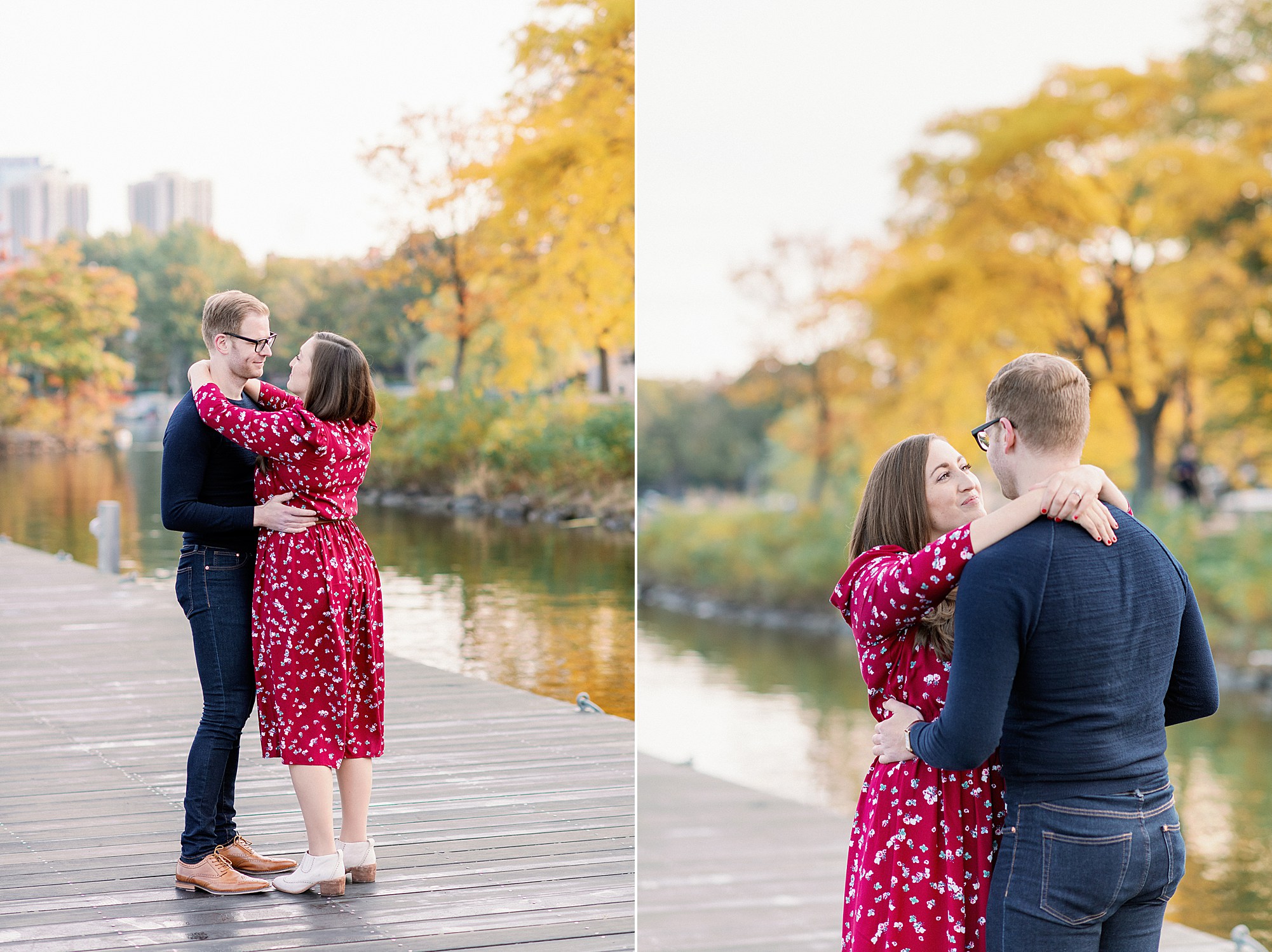 Charles River Esplanade engagement session at sunrise Fall in New England