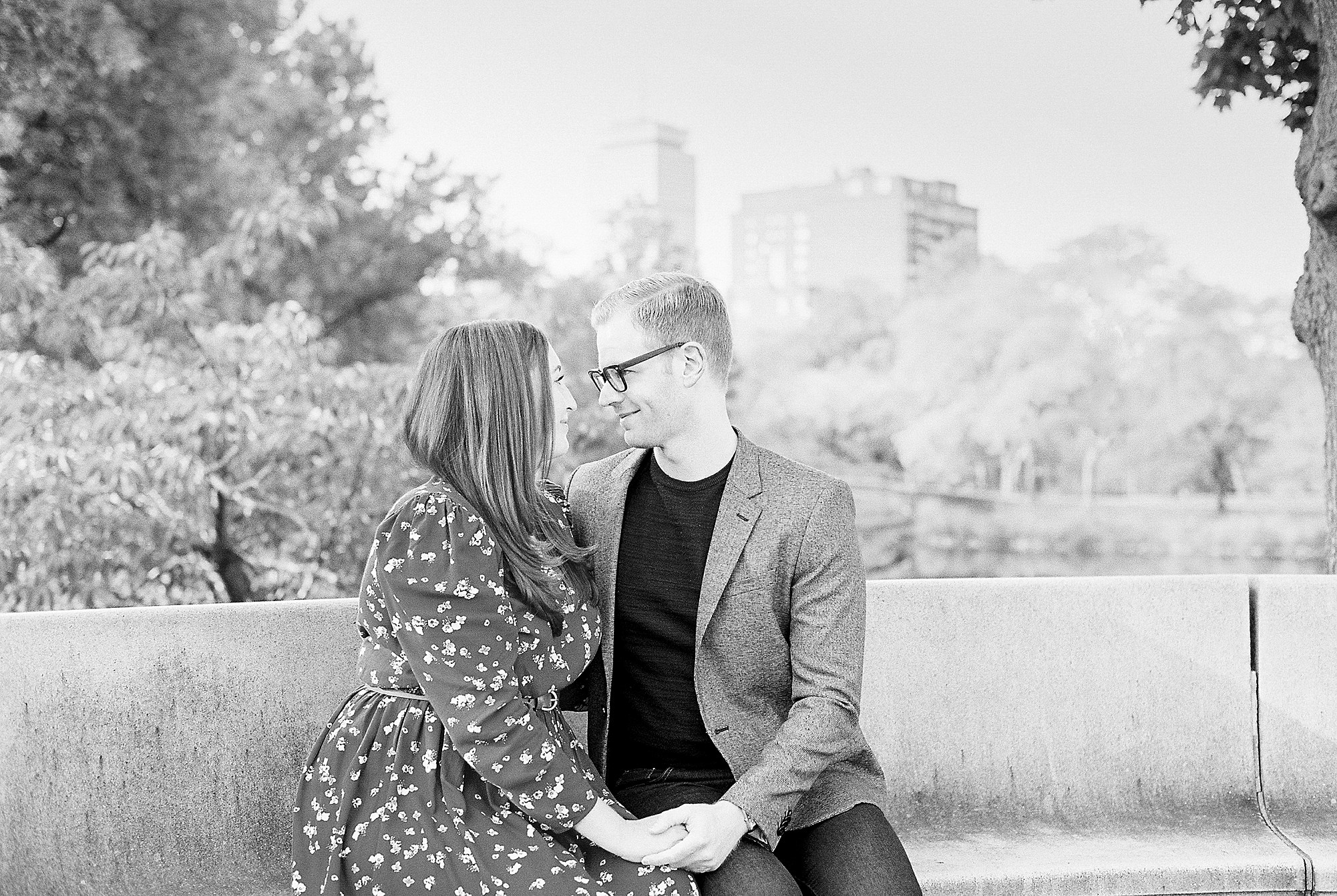 Charles River Esplanade engagement session at sunrise Fall in New England black and white