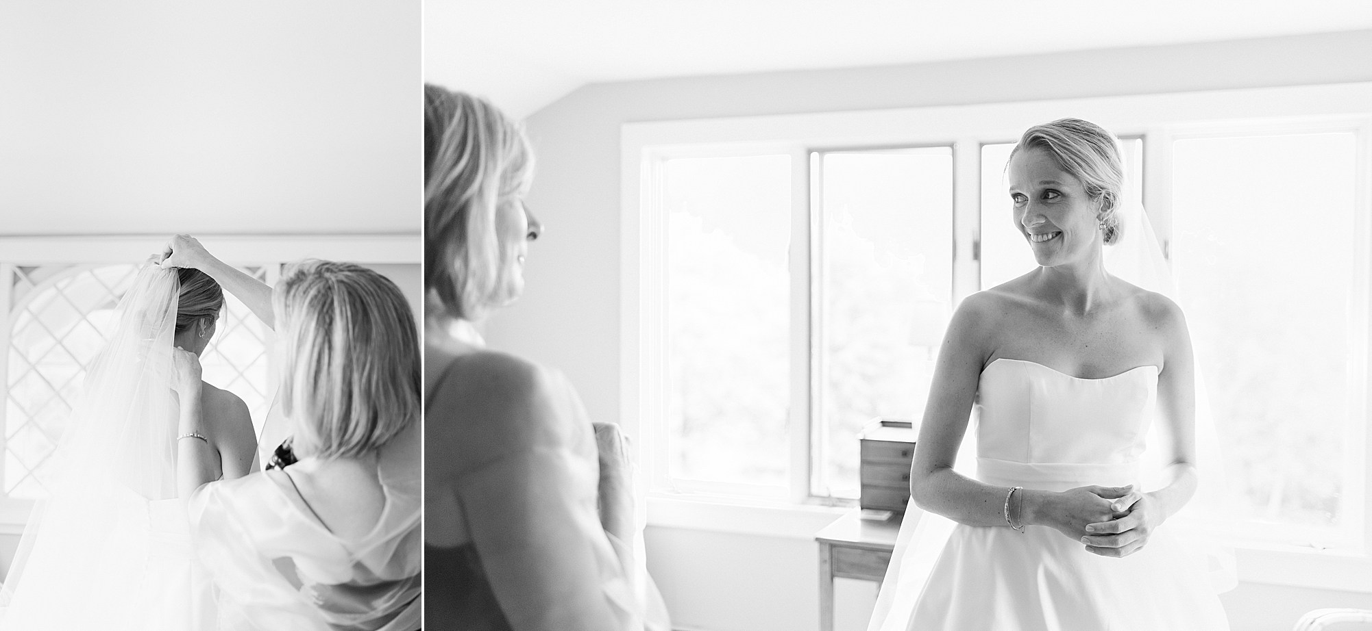 Bride getting ready for her Catskills wedding  black and white