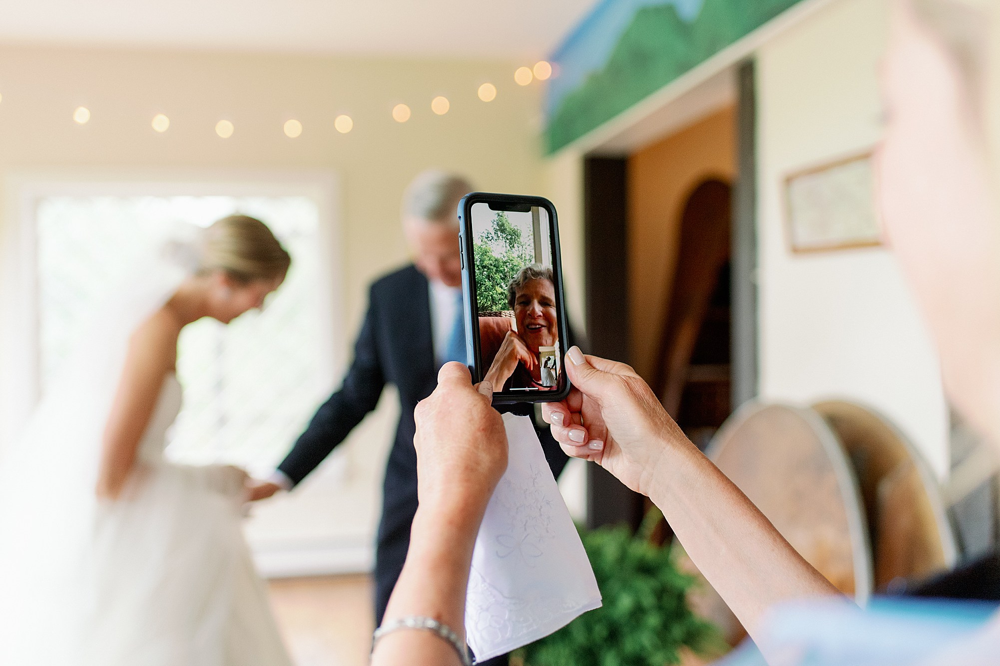 bride and dad reveal at micro wedding with grandparents on video chat
