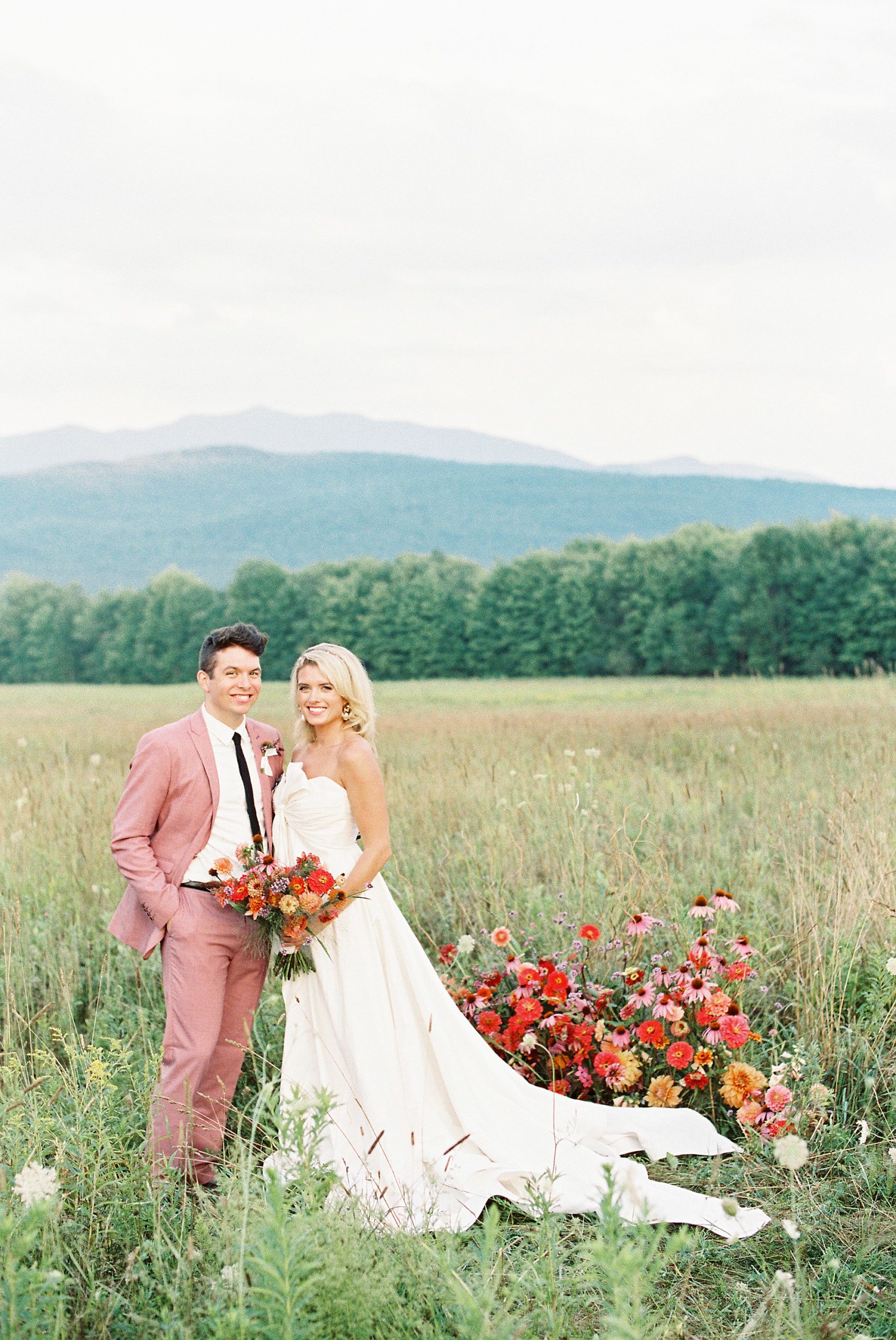 couples portrait for bright summer wedding in the mountains of upstate NY