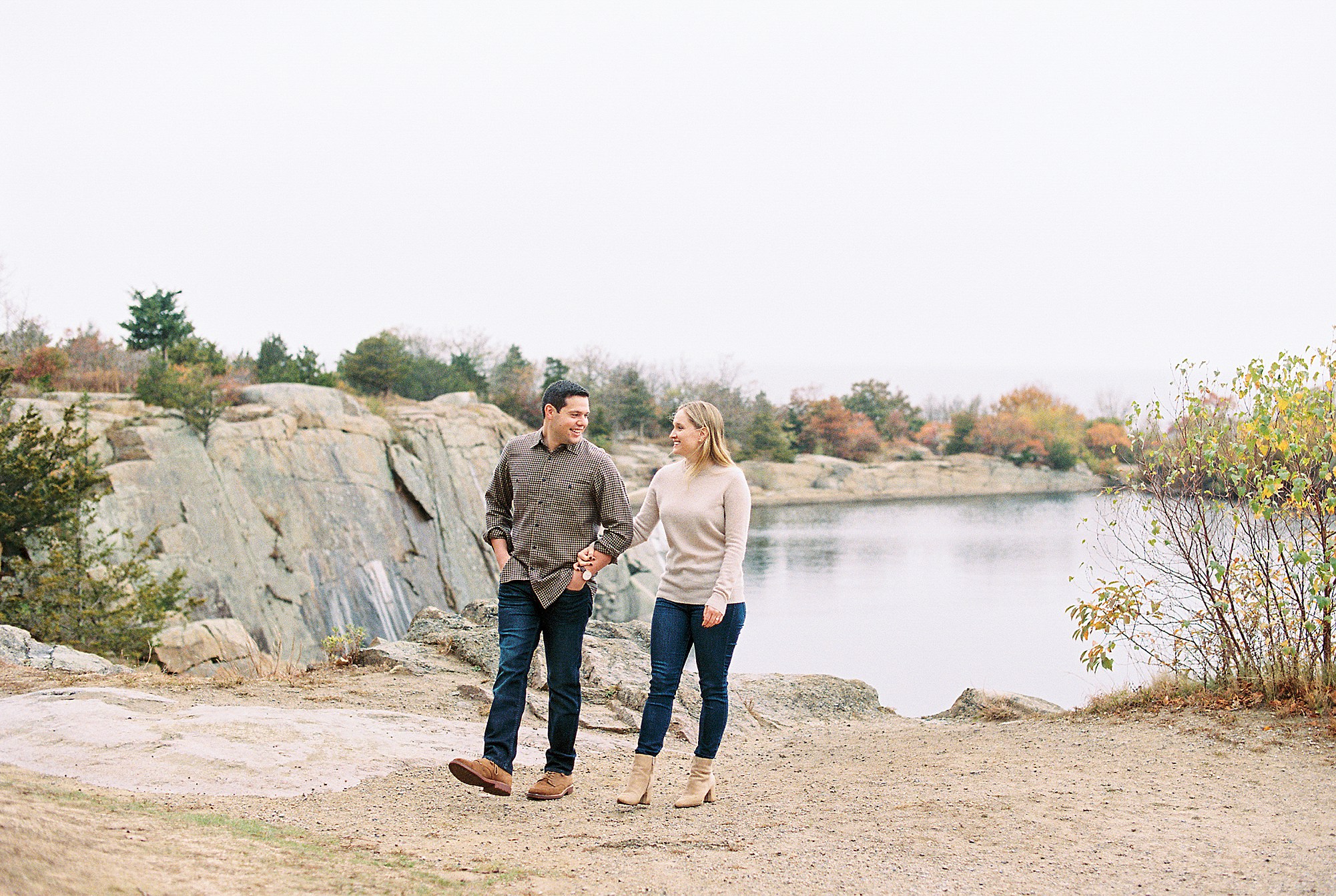 New England Fall Engagement session with foliage popping Halibut Point