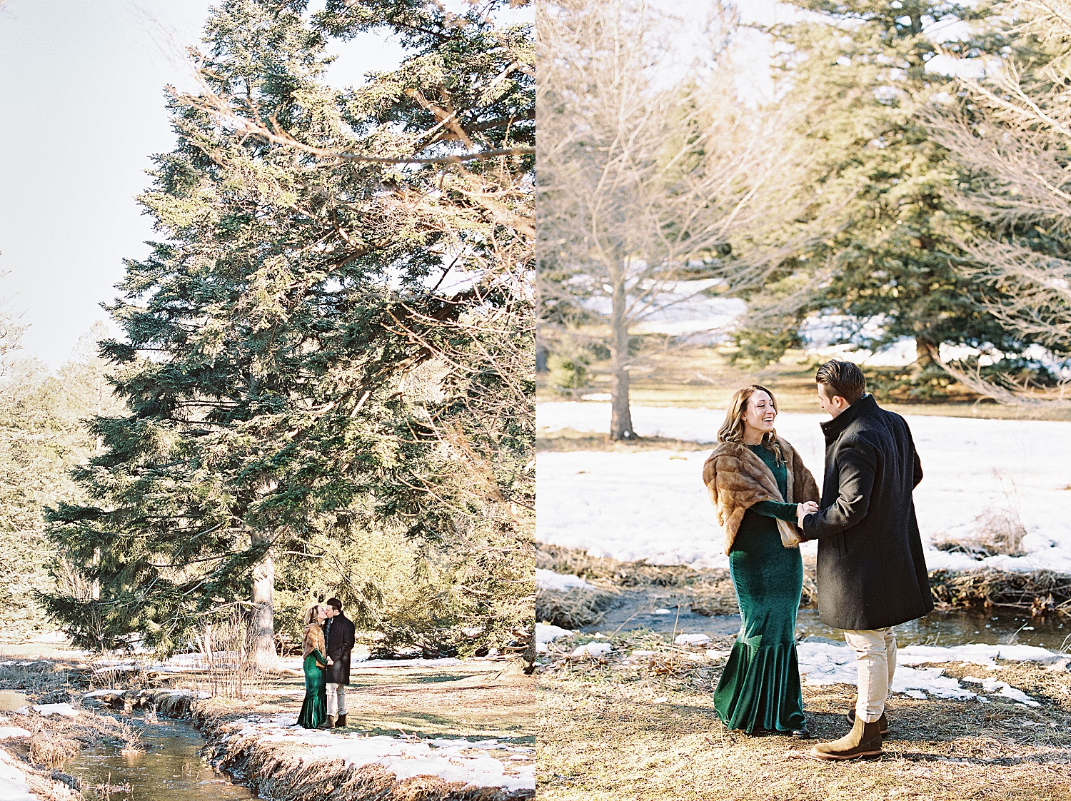 woman and man in snow by river by Boston wedding photographer