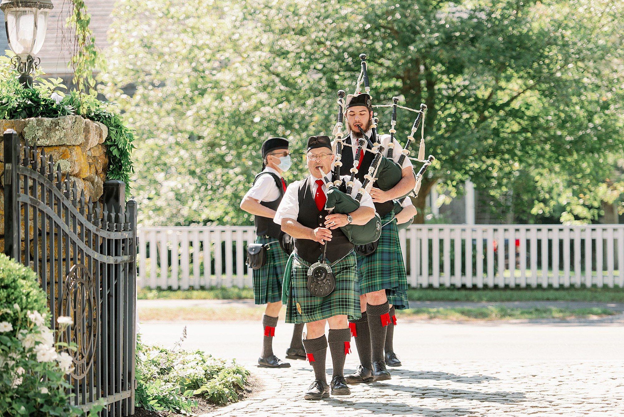 bagpipers perform at wedding on Cape Cod