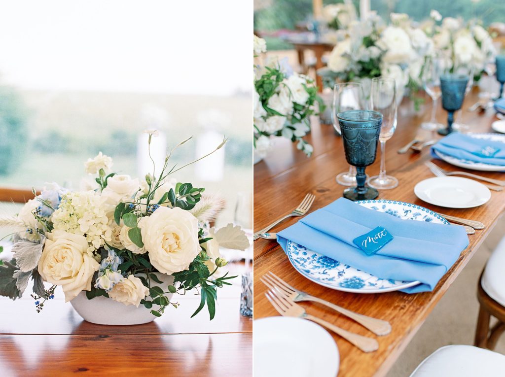 white florals and blue WilloWare plates wedding tablescape 