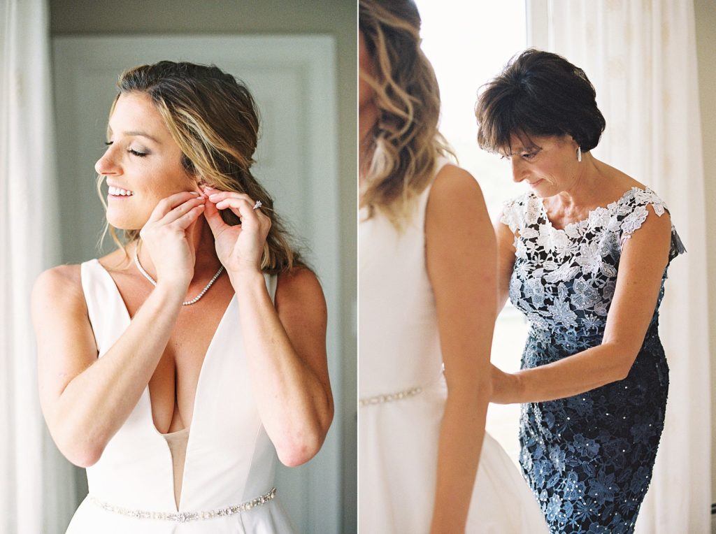 bride and mom get ready for backyard wedding on Cape Cod