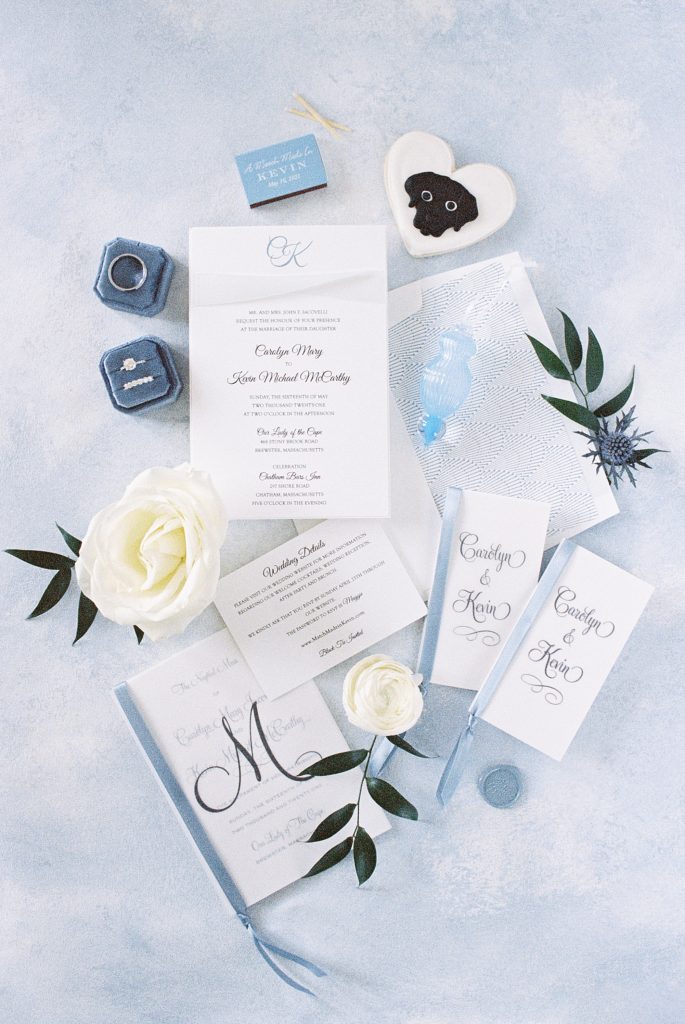 Styled Invitation Suite for spring Chatham Bars Inn Wedding in dusty blue