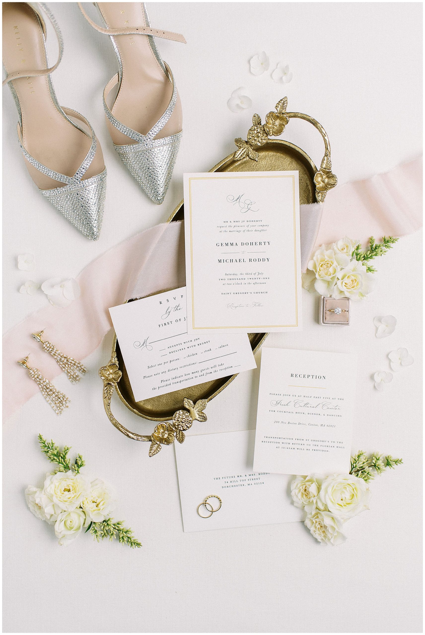 classic wedding invitation styled for boston wedding day with bridal details