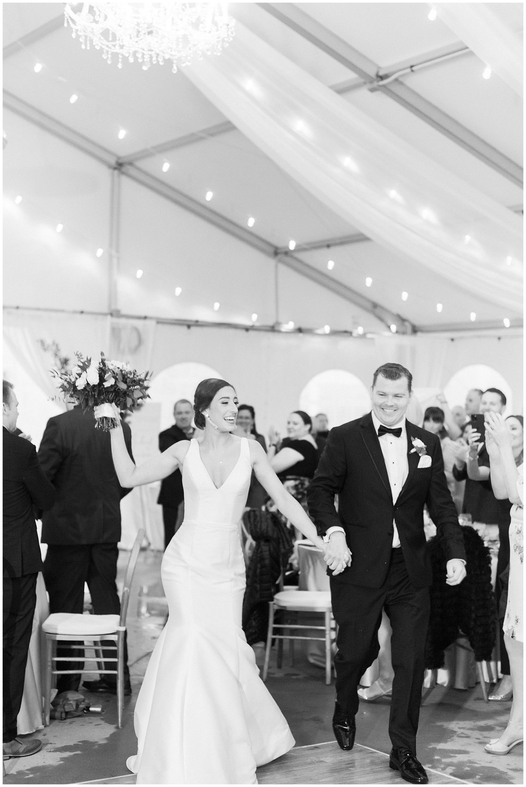 intro to tented wedding in black and white