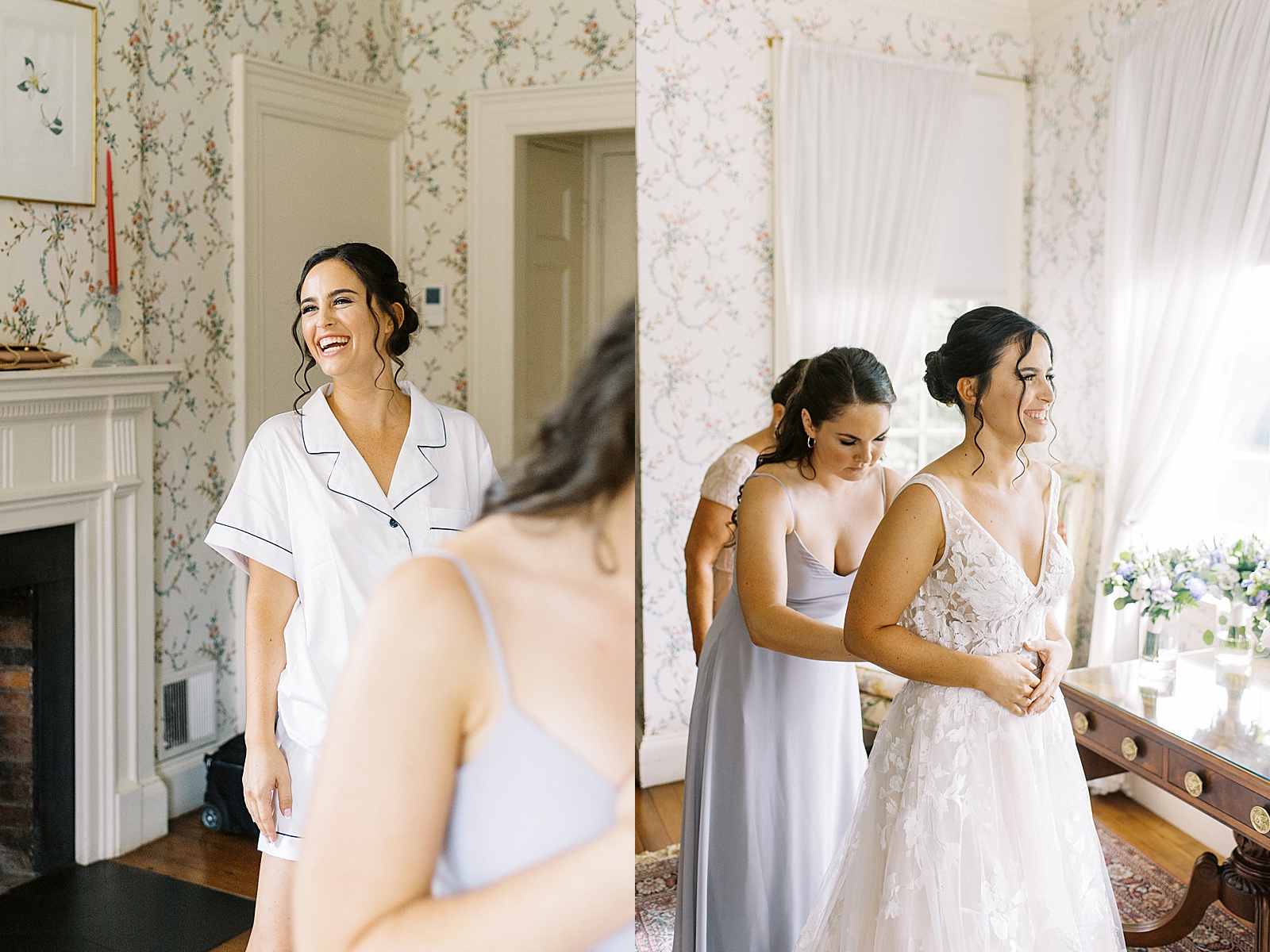 Two image collage of a bride getting ready at The Lyman Estate in Albany.