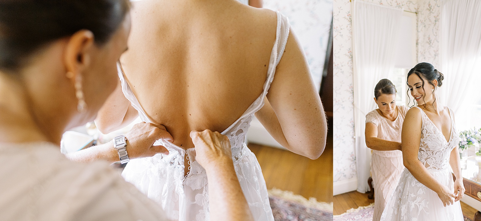 Two image collage of bride getting ready at The Lyman Estate.